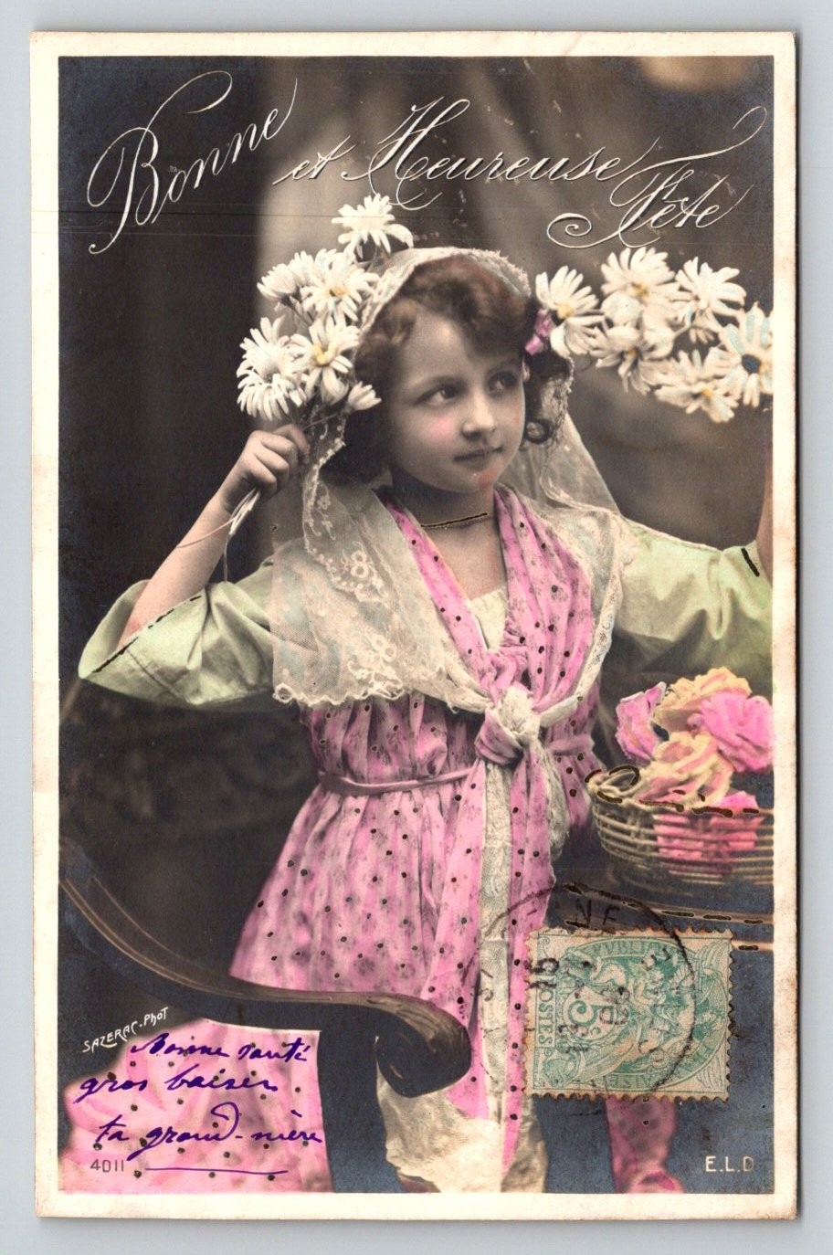 RPPC Real Photo Little Girl Daisies Bonne Fête Hand-Tinted French Postcard 1907