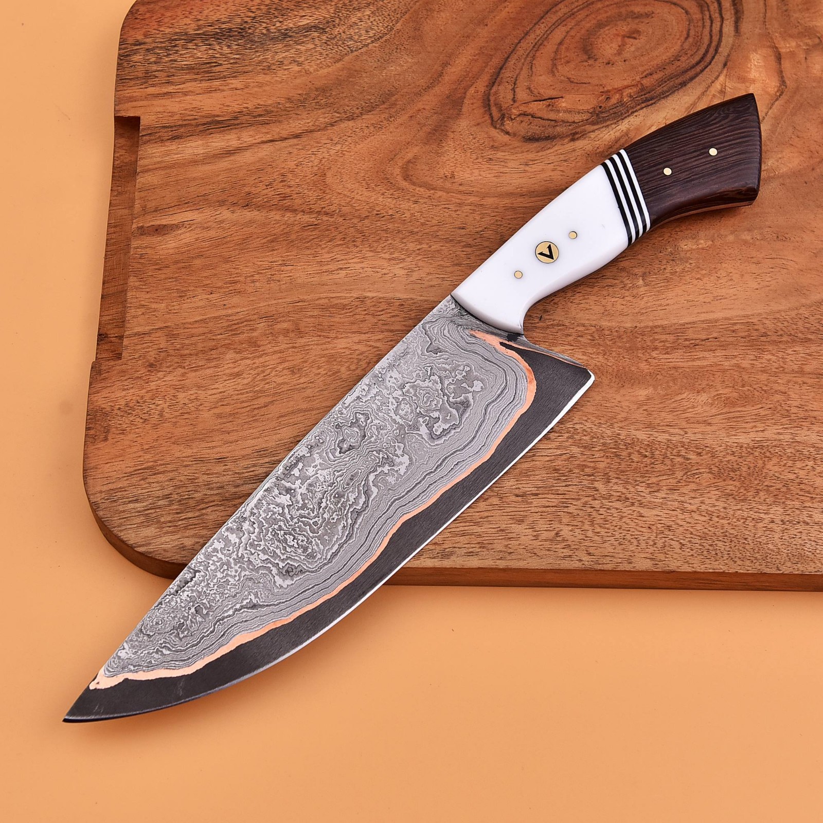 Handcrafted Copper Damascus Chef knife High Carbon 1095 Sharp Edge  Bone & Wood