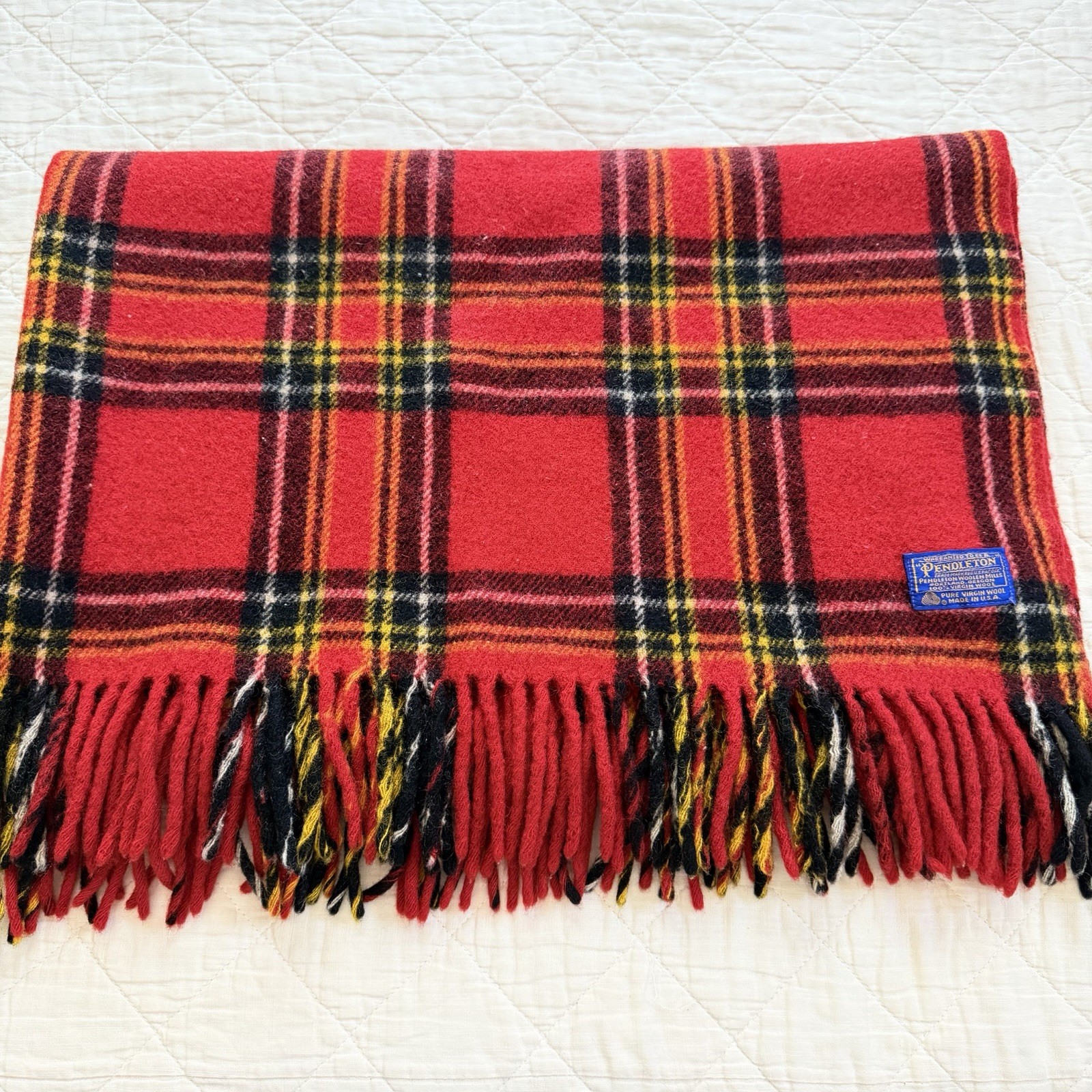 Vintage 1960s 70s Pendleton Virgin Wool Red Plaid Throw Blanket 50x70 USA