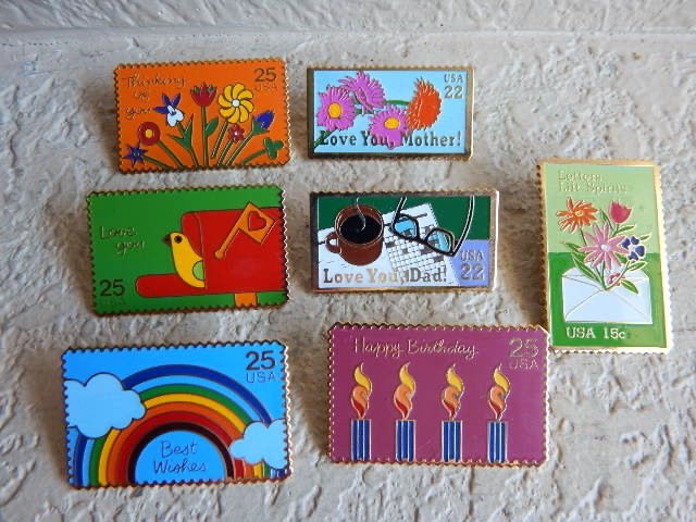 7 Vintage 1980s USPS Enamel Stamp Lapel Pins-Love You Dad, Best Wishes RARE