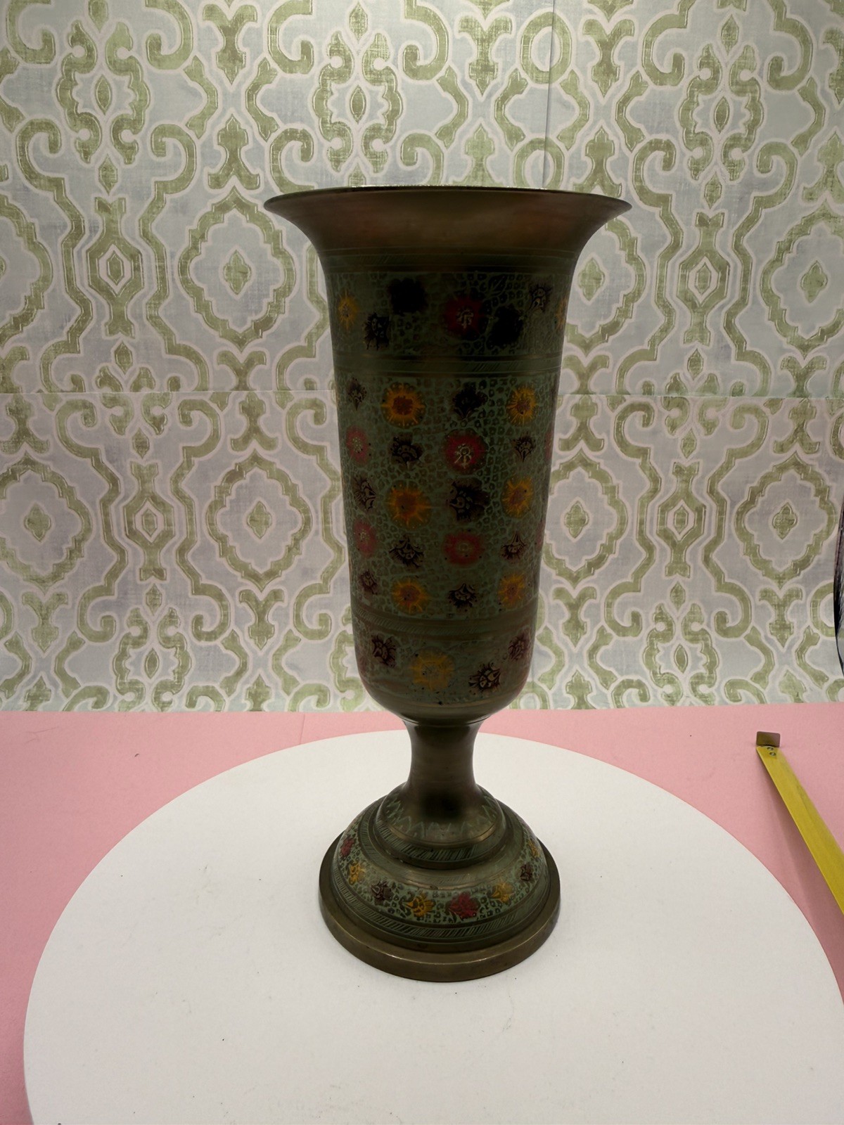 Vintage Hand-Etched Indian Brass Trumpet Vase Vintage Hand-Etched Indian Brass Trumpet Vase