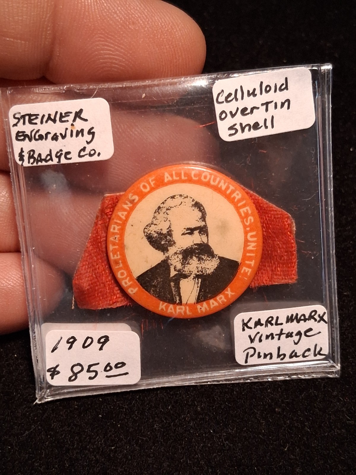 Antique 1909 Karl Marx, Proletarians Celluloid Pinback Button Steiner Engraving Antique 1909 Karl Marx, Proletarians Celluloid Pinback Button Steiner Engraving