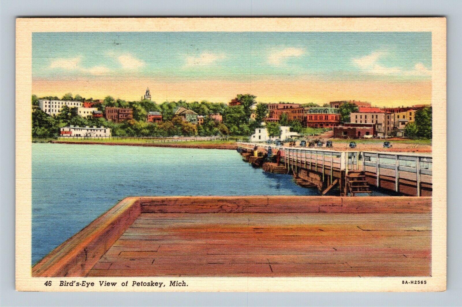 Petoskey MI, Bird's Eye Town View, Pier Bay Period Cars VintageMichigan Postcard