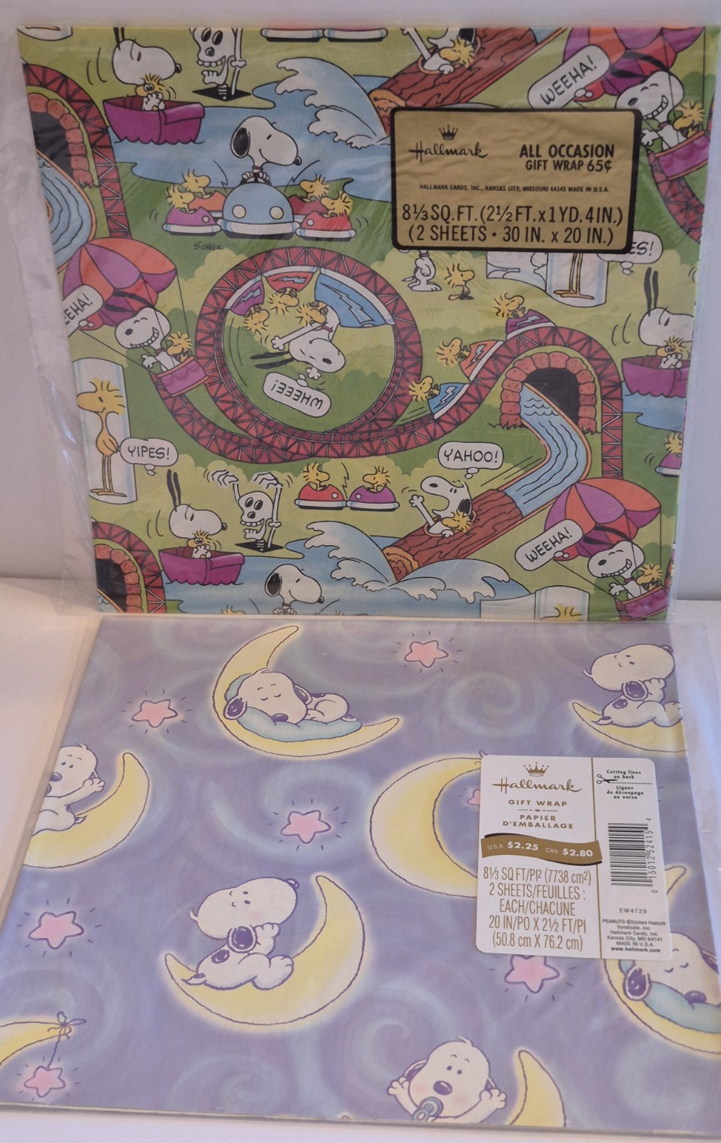 Lot Of 2 Vtg NOS Hallmark Snoopy Wrapping Paper 4 Sheets Amusement Park/ Baby 