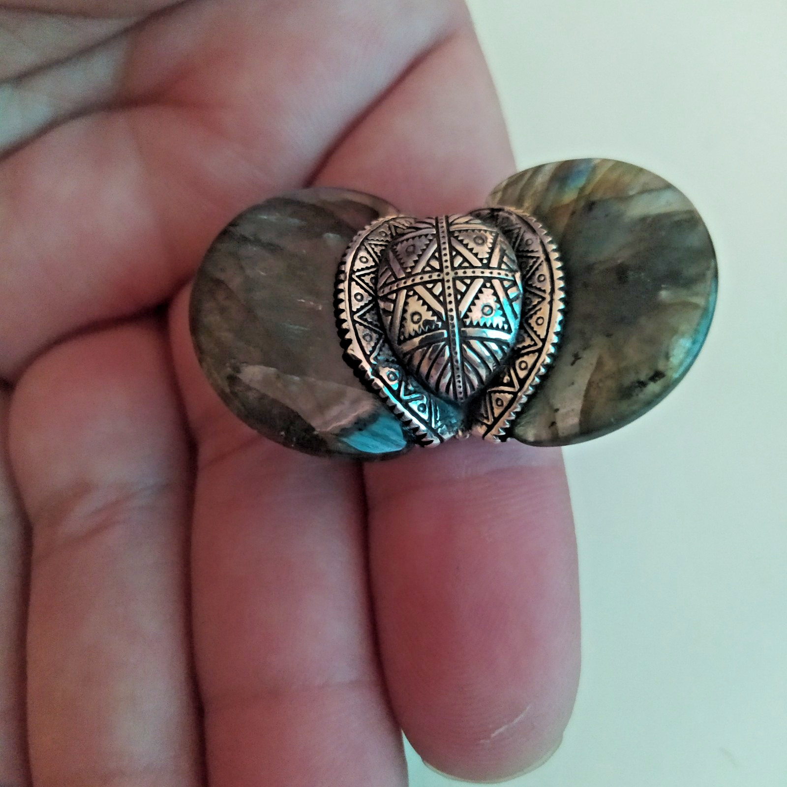 Ancient Victorian Sterling Silver Ring Engraved Labradorite Stone Size 9.5