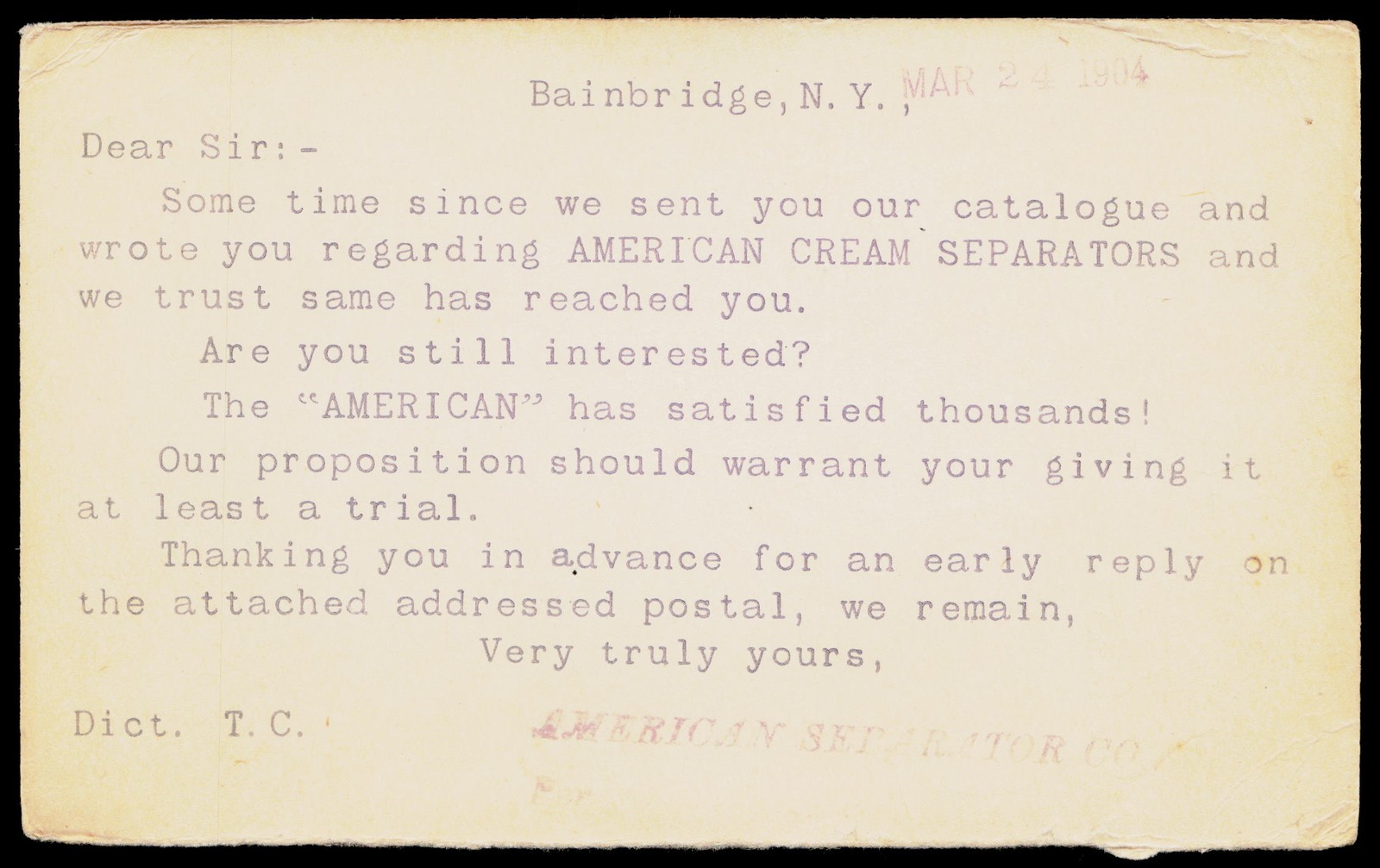 1904 American Separator Co Bainbridge NY Cream Separator Advertising Postal Card 1904 American Separator Co Bainbridge NY Cream Separator Advertising Postal Card