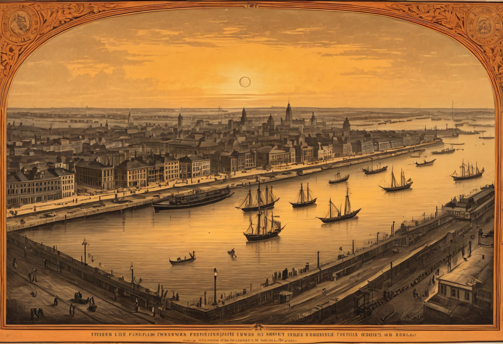 Philadelphia Riverfront Birds-Eye Panorama - Antique Dusk Print