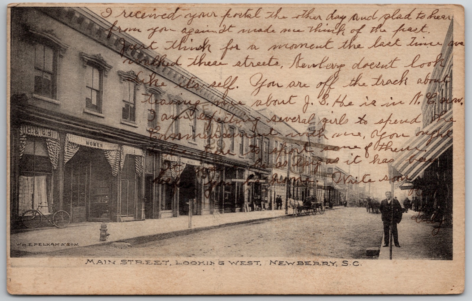 c1906 Postcard Newberry South Carolina SC Main Street Looking West Bicycle Horse