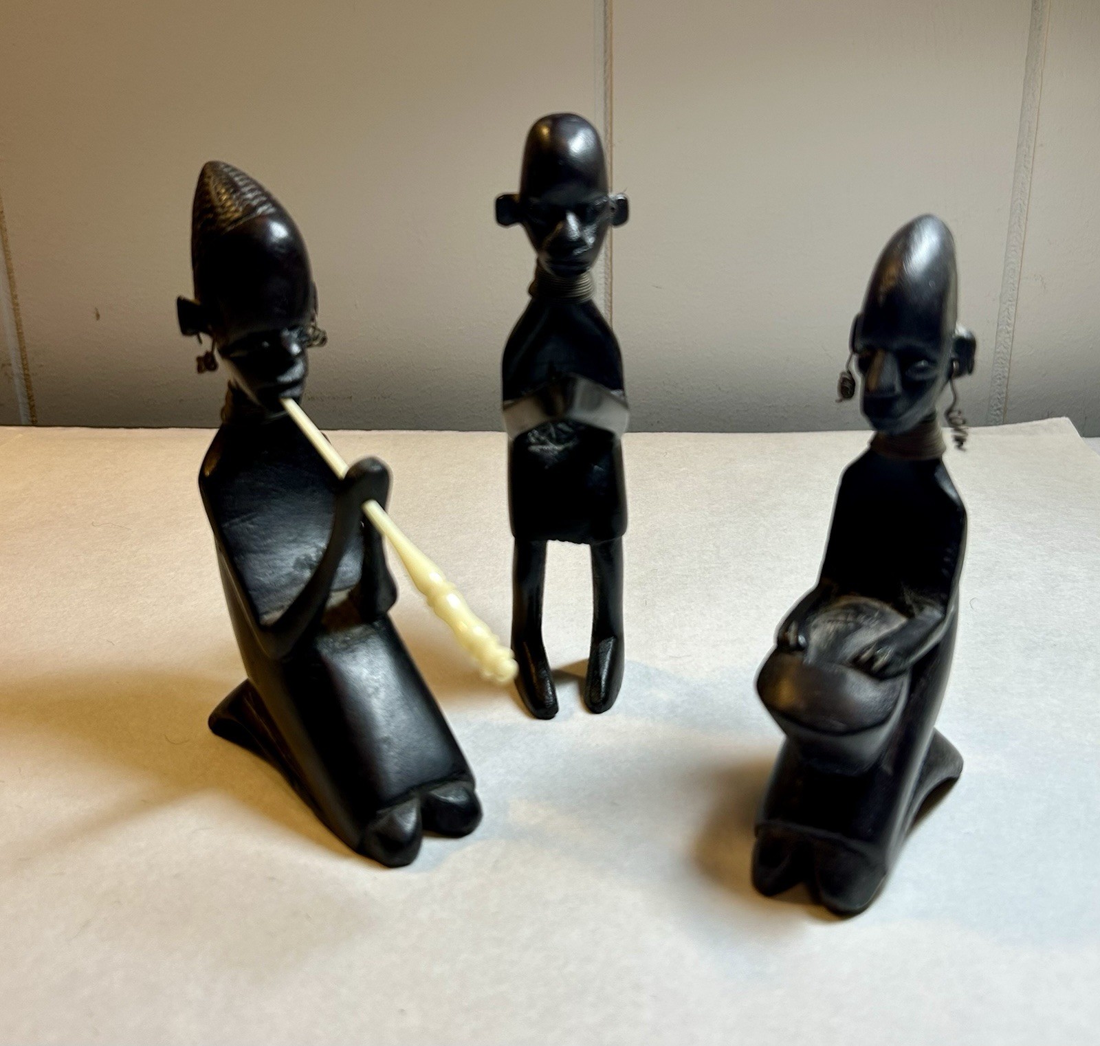 Vtg 3 Hand Carved Ebony Wood Africian Musician figures-5-6\ Vtg 3 Hand Carved Ebony Wood Africian Musician figures-5-6\
