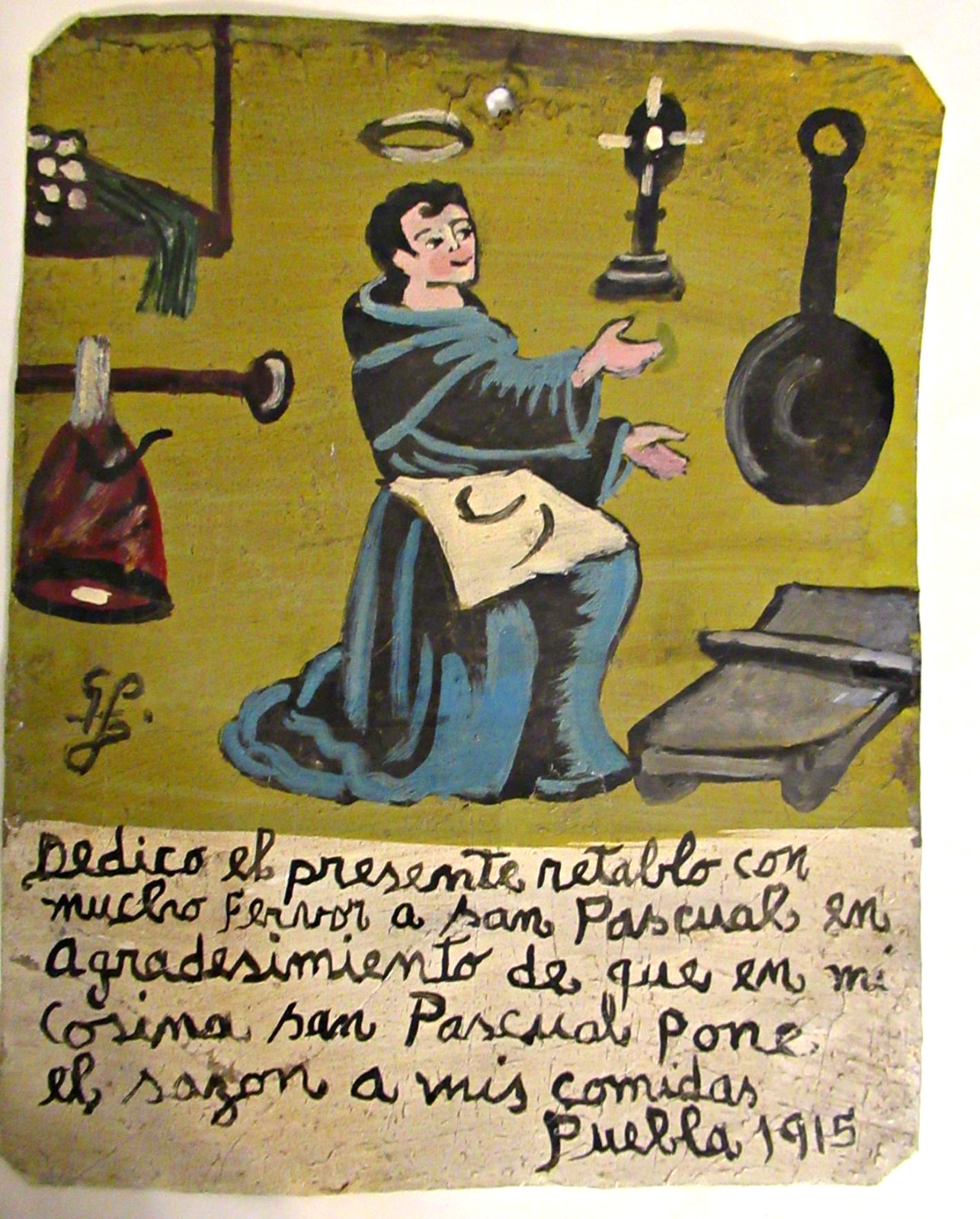 VTG HP MEXICAN TIN RETABLO SAN PASCUAL BAILON HELPS COOKING TASTE GREAT in 1915