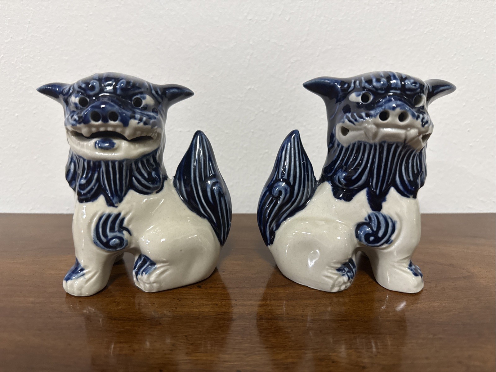 Vintage Okinawa Shisa Pair Pottery Blue/White Kusashi Ware Collectible Foo Dogs Vintage Okinawa Shisa Pair Pottery Blue/White Kusashi Ware Collectible Foo Dogs