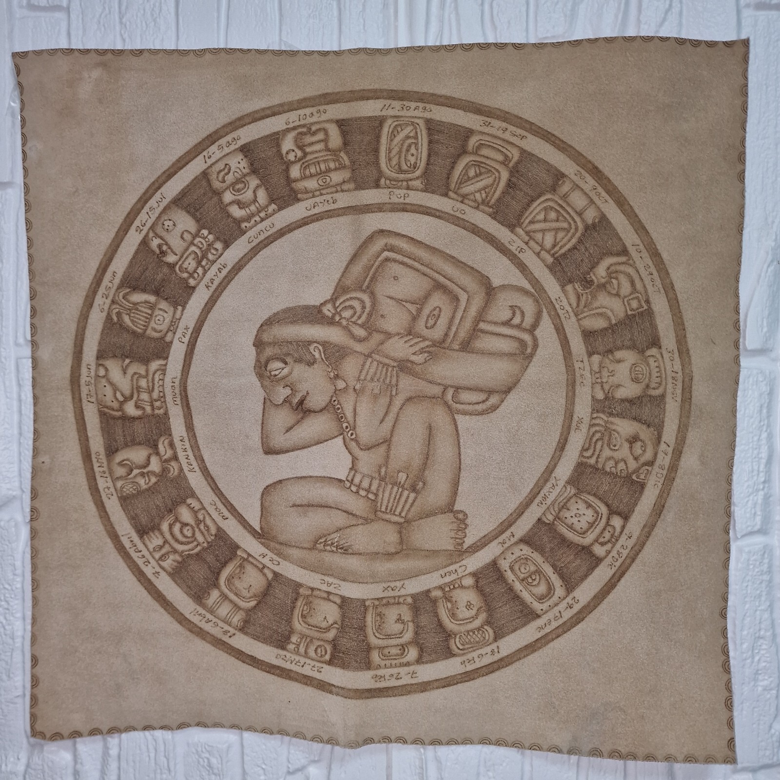 Vintage Maya Calendar on Leather – Haab, Palenque, Chiapas, Mexico – Handcrafted