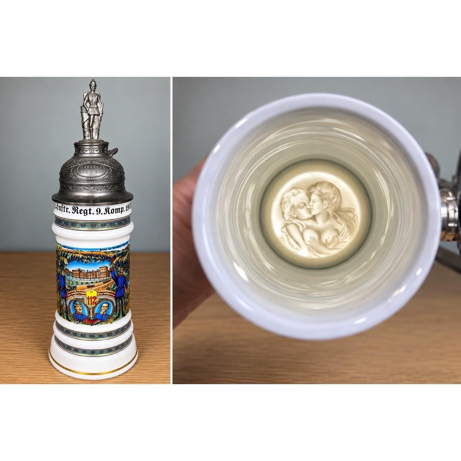 Vintage Theo Kuhn German Regimental Beer Stein Lithophane ERBO Zinn Pewter Lid