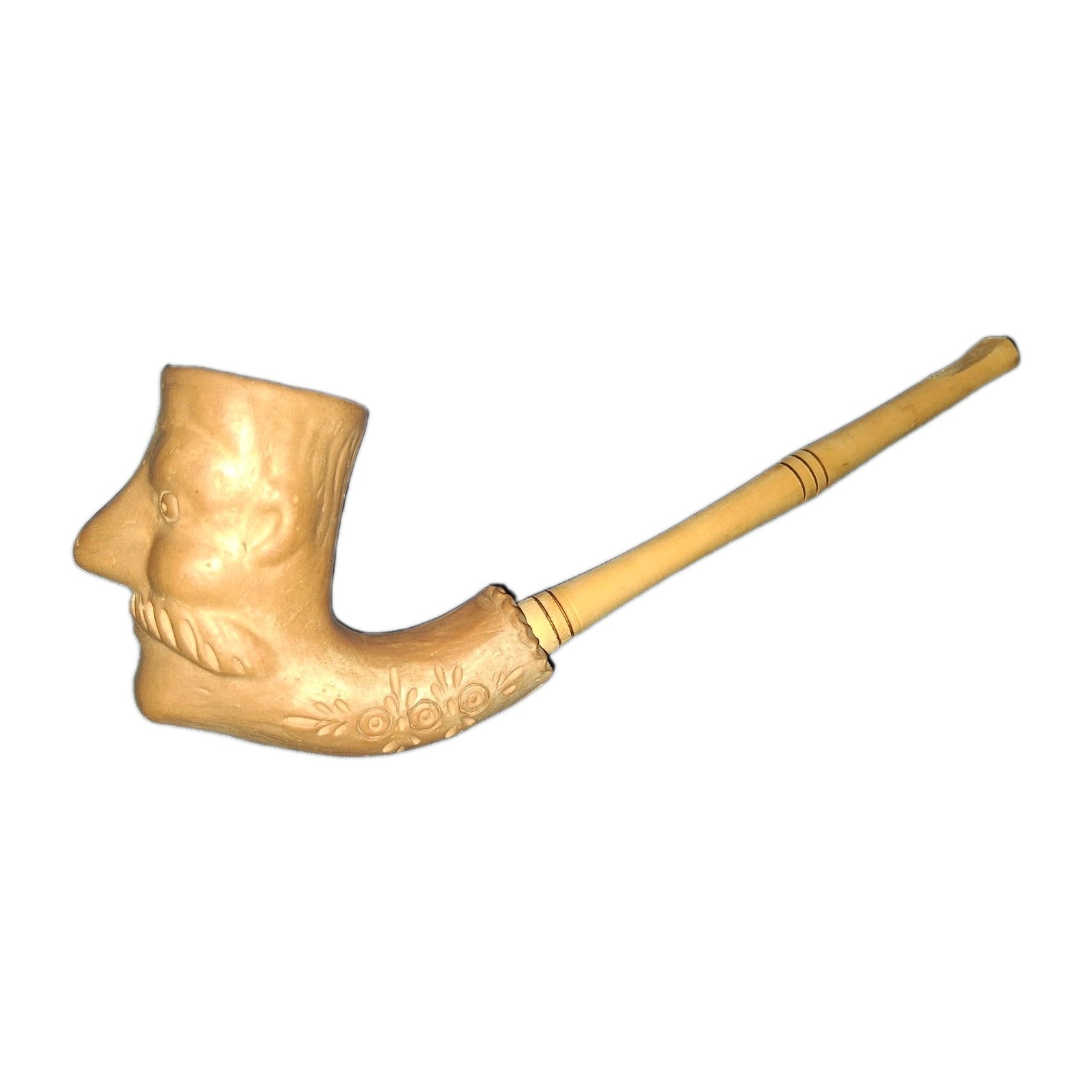 Vintage Carved Face Tobacco Pipe Long Stem Unused Mustache Man Clay Wood Vintage Carved Face Tobacco Pipe Long Stem Unused Mustache Man Clay Wood