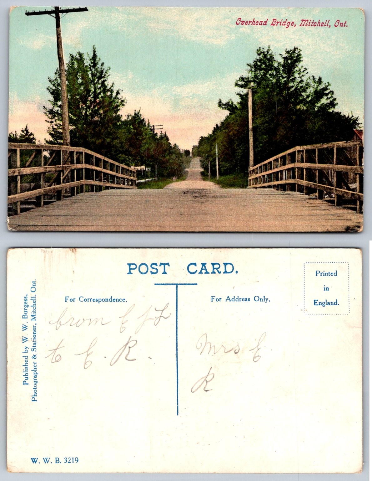 Overhead Bridge Mitchell Ontario Canada W.W. Burgess Postcard c1910s
