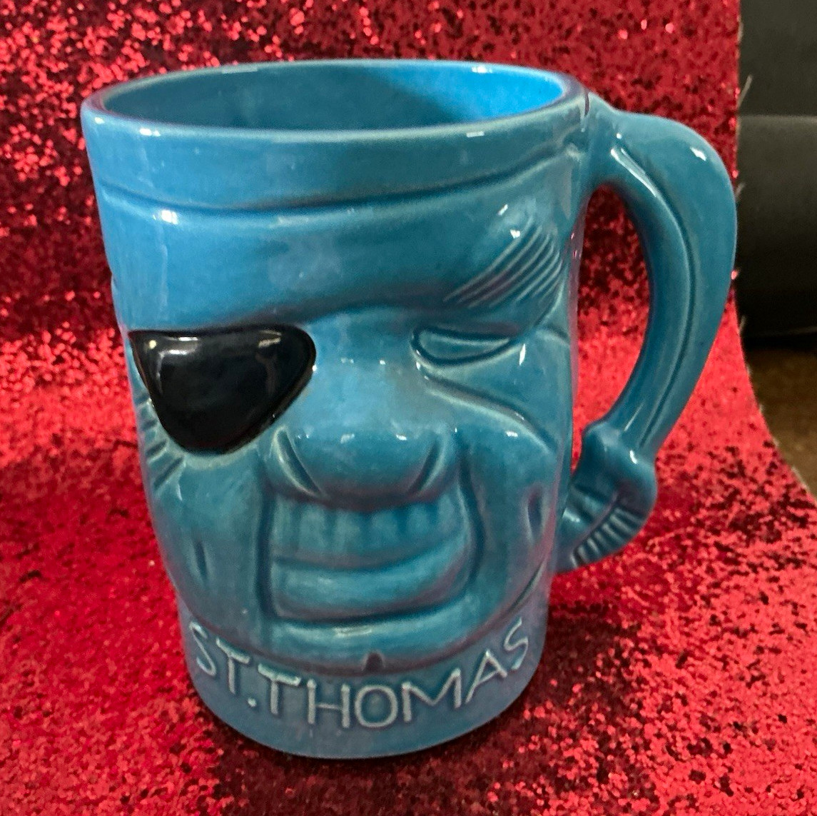 NEW Vintage St. Thomas U.S. V.I. Blue Pirate Face Souvenir Mug, Caribbean Island