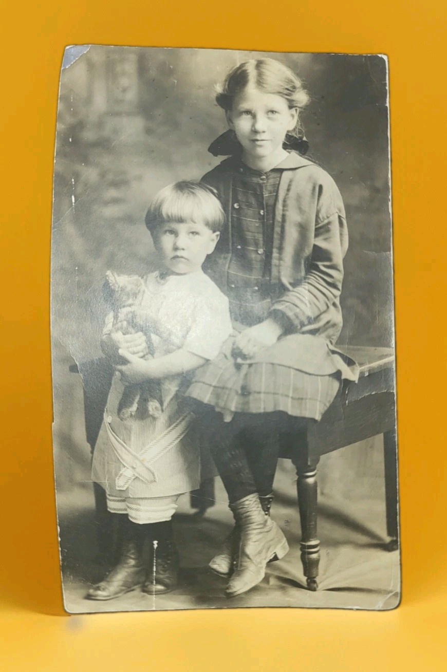 1908 RPPC Real Photo Postcard Little Boy & Girl & CuTe Teddy Bear Stuffed Toy 1908 RPPC Real Photo Postcard Little Boy & Girl & CuTe Teddy Bear Stuffed Toy