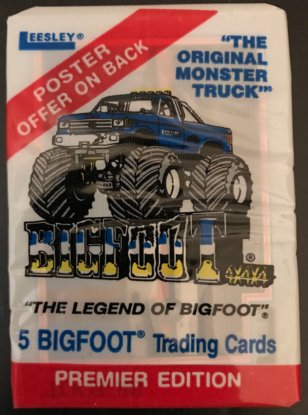 1988 Leesley Bigfoot Monster Truck Cards, 1 Sealed Wax PACK, 5 Trading Cards