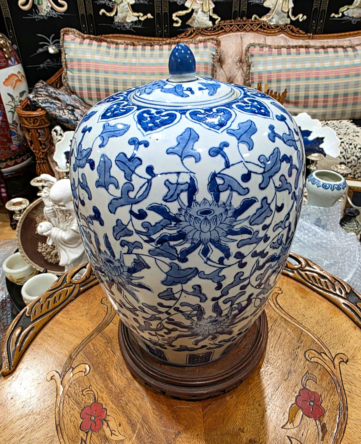 Large Vintage Chinese Blue White Porcelain Ginger Jar Marked Lotus Lid 13.5 Large Vintage Chinese Blue White Porcelain Ginger Jar Marked Lotus Lid 13.5