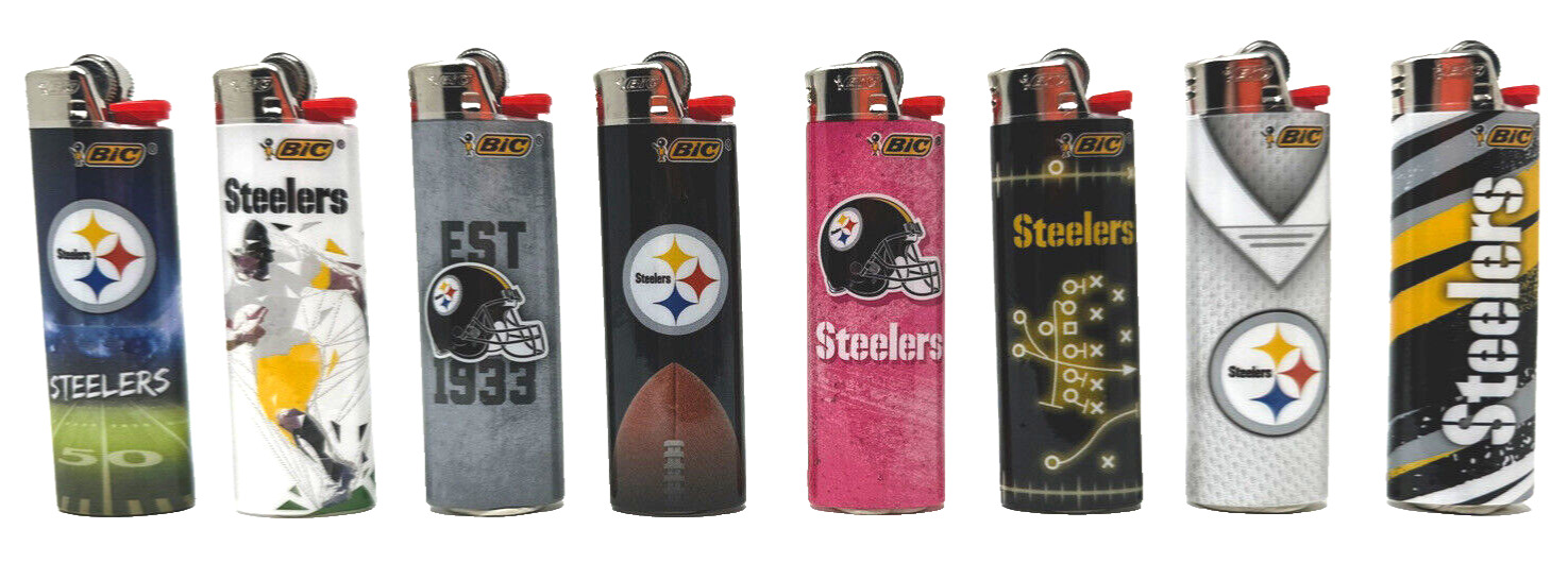 Bic NFL Pittsburgh Steelers Lighters Set of 8, Steelers Helmet & Logo Designs 