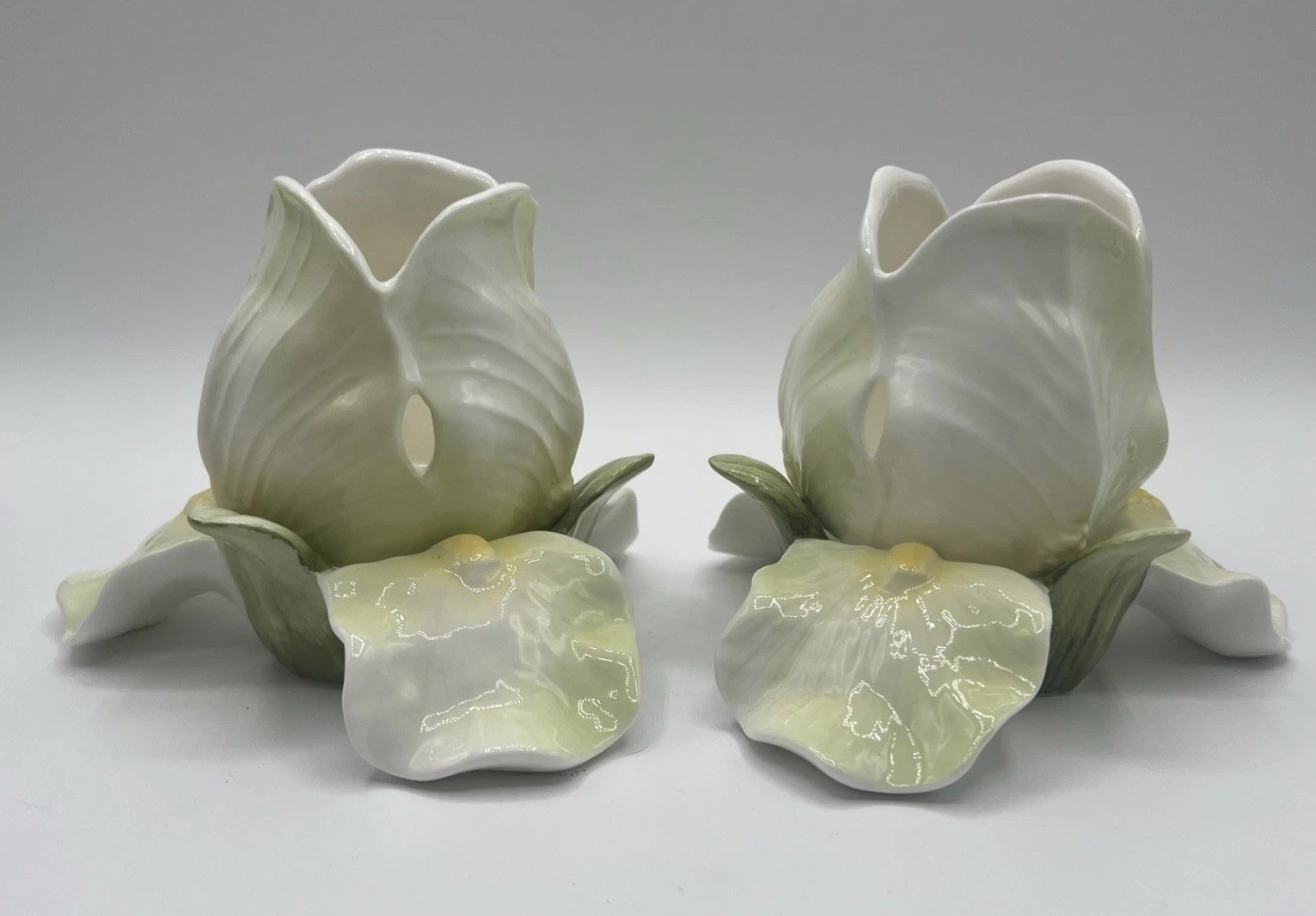 Delicate Porcelain White& Green Lily /Irises Votive Candleholders Delicate Porcelain White& Green Lily /Irises Votive Candleholders