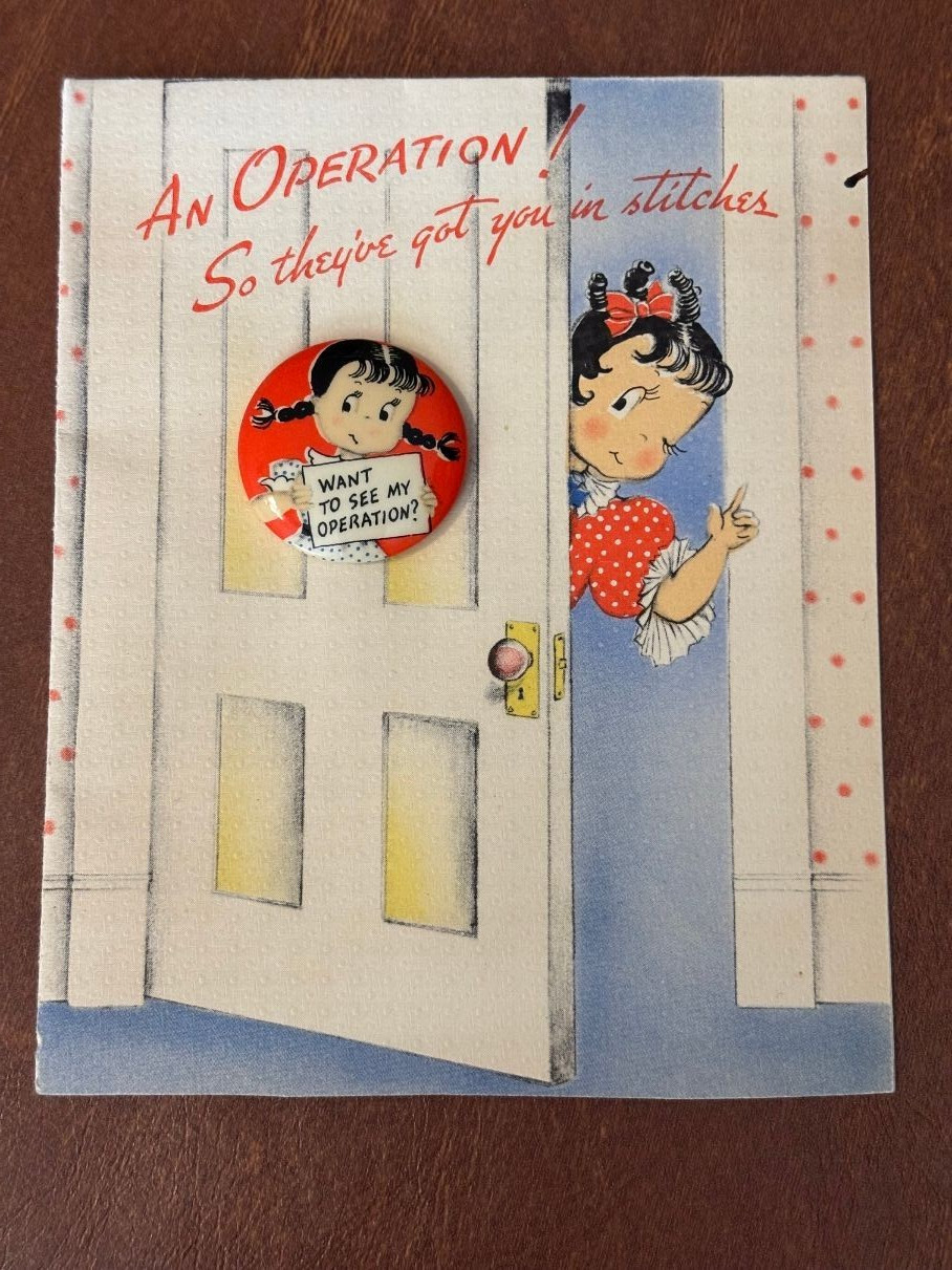 Vintage Norcross Susie Q Get Well Card with Pinback Button 1946