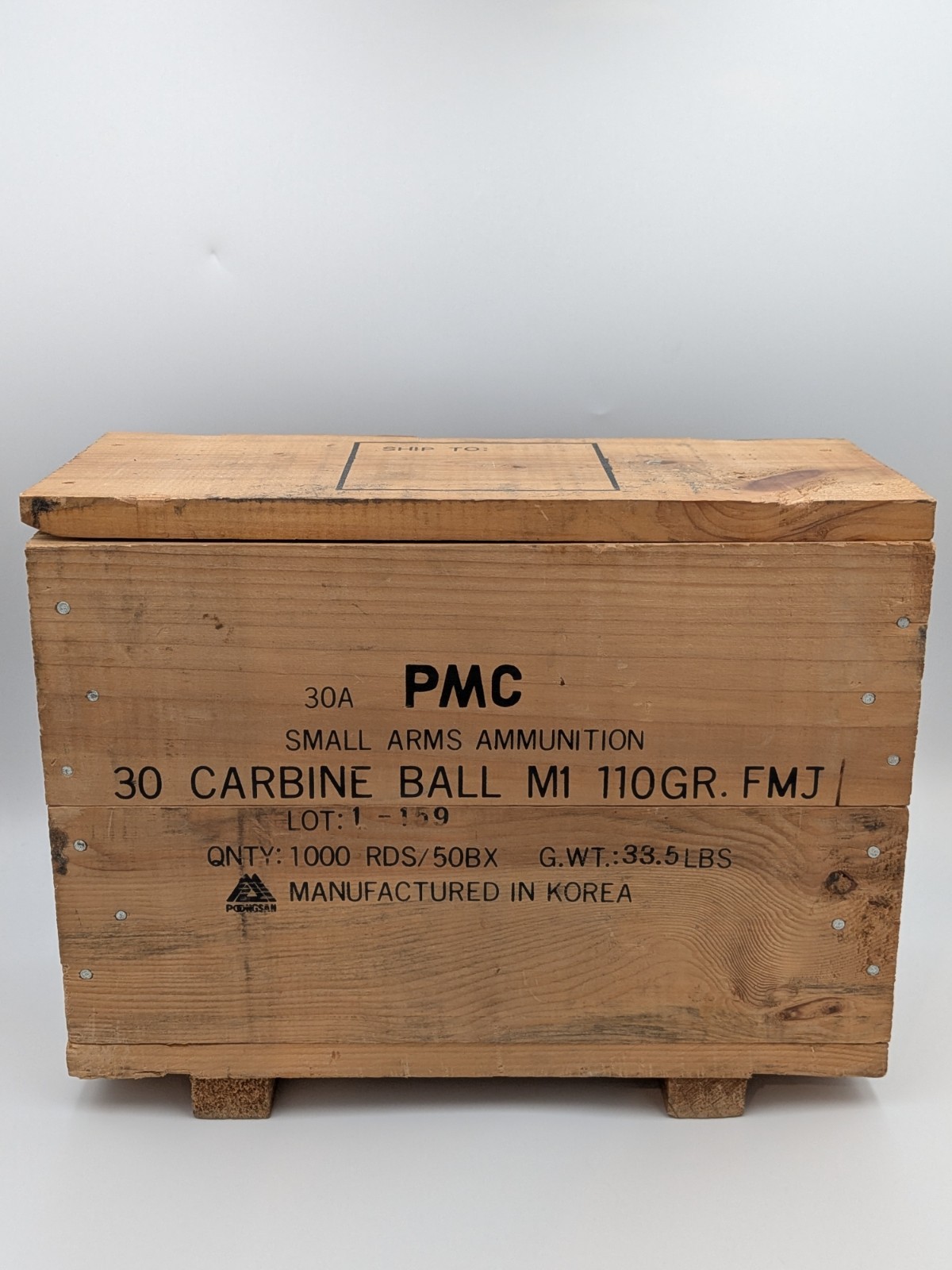 Vintage PMC 30 Carbine Wooden Ammo Crate Poongsan Korea Box Lid Military Surplus Vintage PMC 30 Carbine Wooden Ammo Crate Poongsan Korea Box Lid Military Surplus
