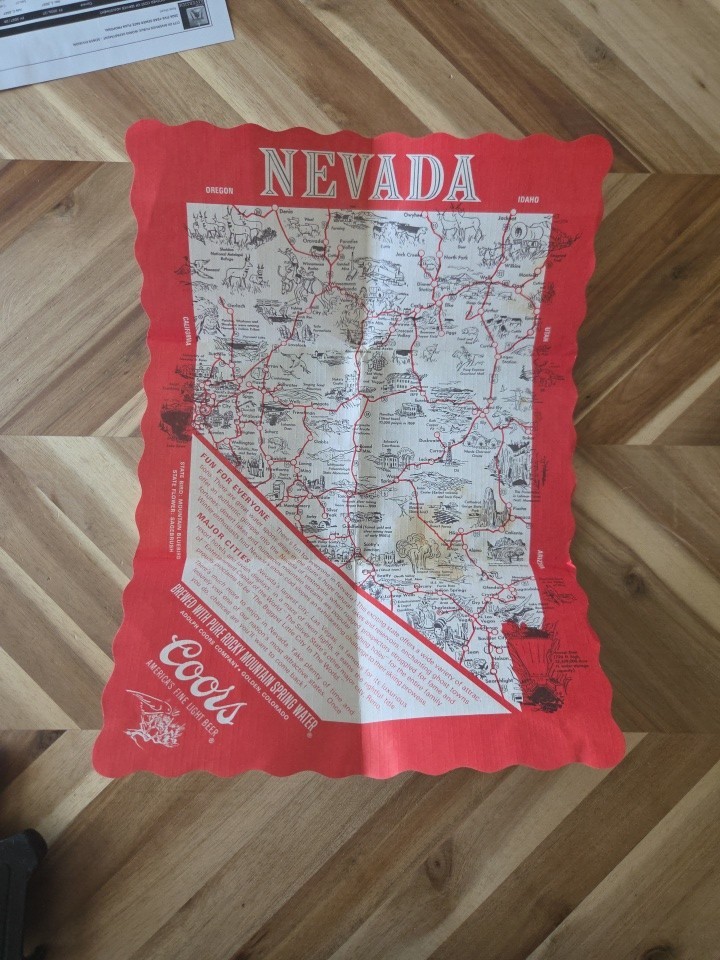 VINTAGE PAPER MAT SOUVENIR MAP OF NEVADA COORS BEER 1970's RARE Bar Placemat VINTAGE PAPER MAT SOUVENIR MAP OF NEVADA COORS BEER 1970's RARE Bar Placemat