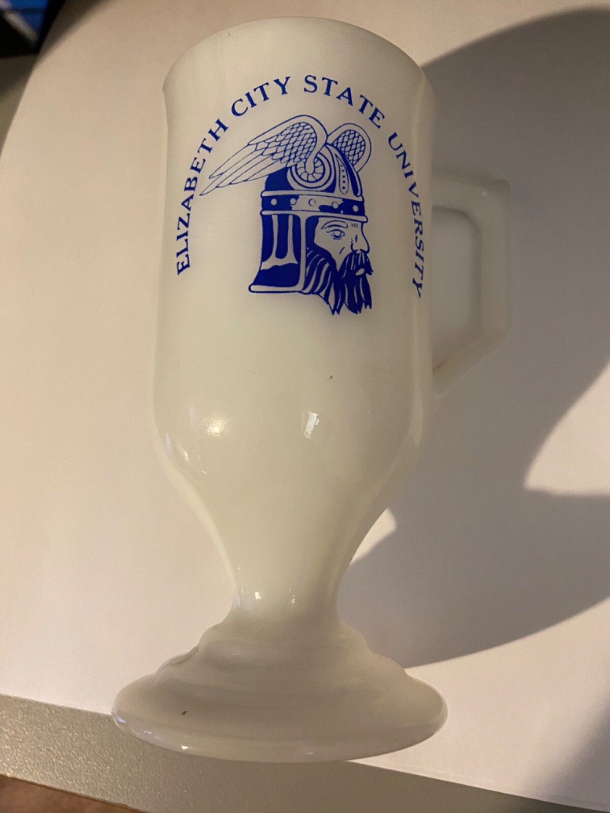 VINTAGE Elizabeth City State University Vikings Milk Glass Footed Handled Glass VINTAGE Elizabeth City State University Vikings Milk Glass Footed Handled Glass