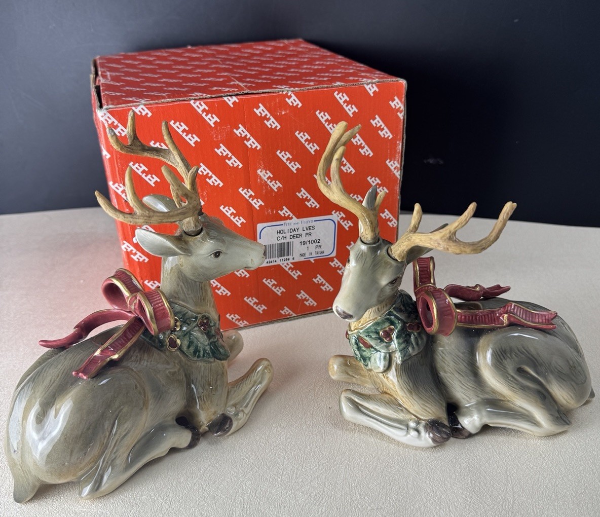Vintage Fitz and Floyd Holiday Leaves Reindeer Candle Holders in Original Box Vintage Fitz and Floyd Holiday Leaves Reindeer Candle Holders in Original Box