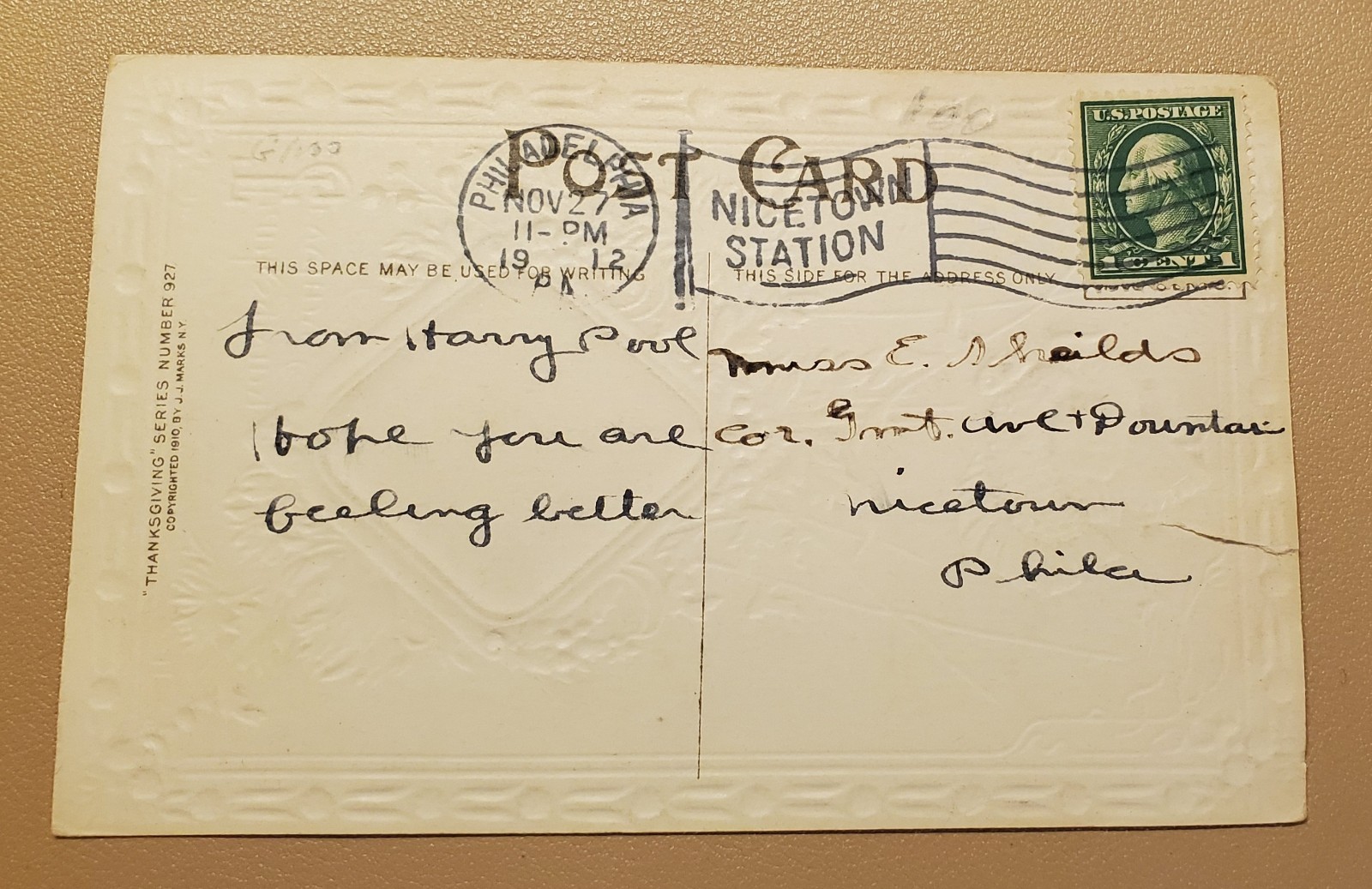 1912 PHILADELPHIA POST MARKED POSTCARD THANKSGIVING WASHINGTON NICETOWN STATION 1912 PHILADELPHIA POST MARKED POSTCARD THANKSGIVING WASHINGTON NICETOWN STATION