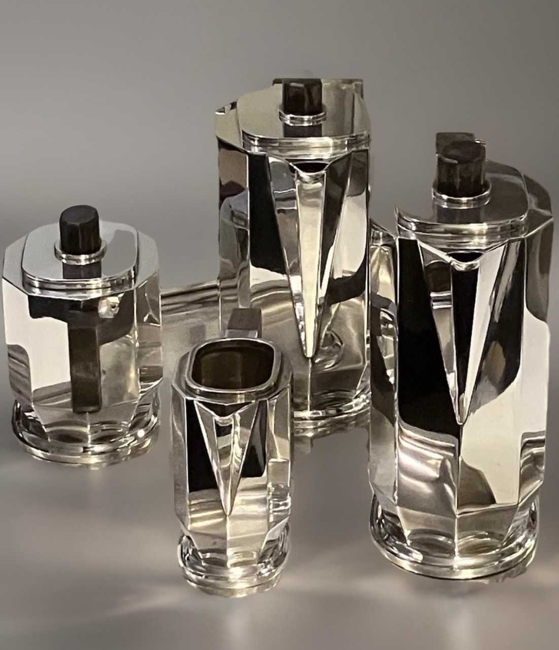 ART DECO 1930 CUBIST TEA SET SILVER PLATE PUIFORCAT ERCUIS CHRISTOFLE DESNY ERA