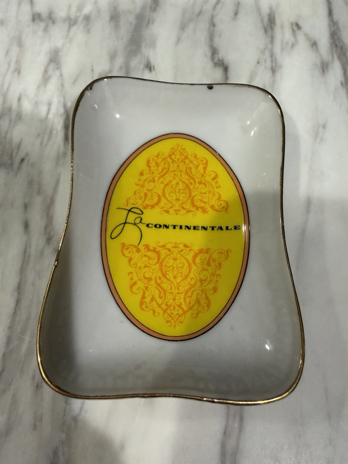 Vintage La Continentale Hotel Porcelain Trinket Dish Gold Trim Italy 2.75 x 4”