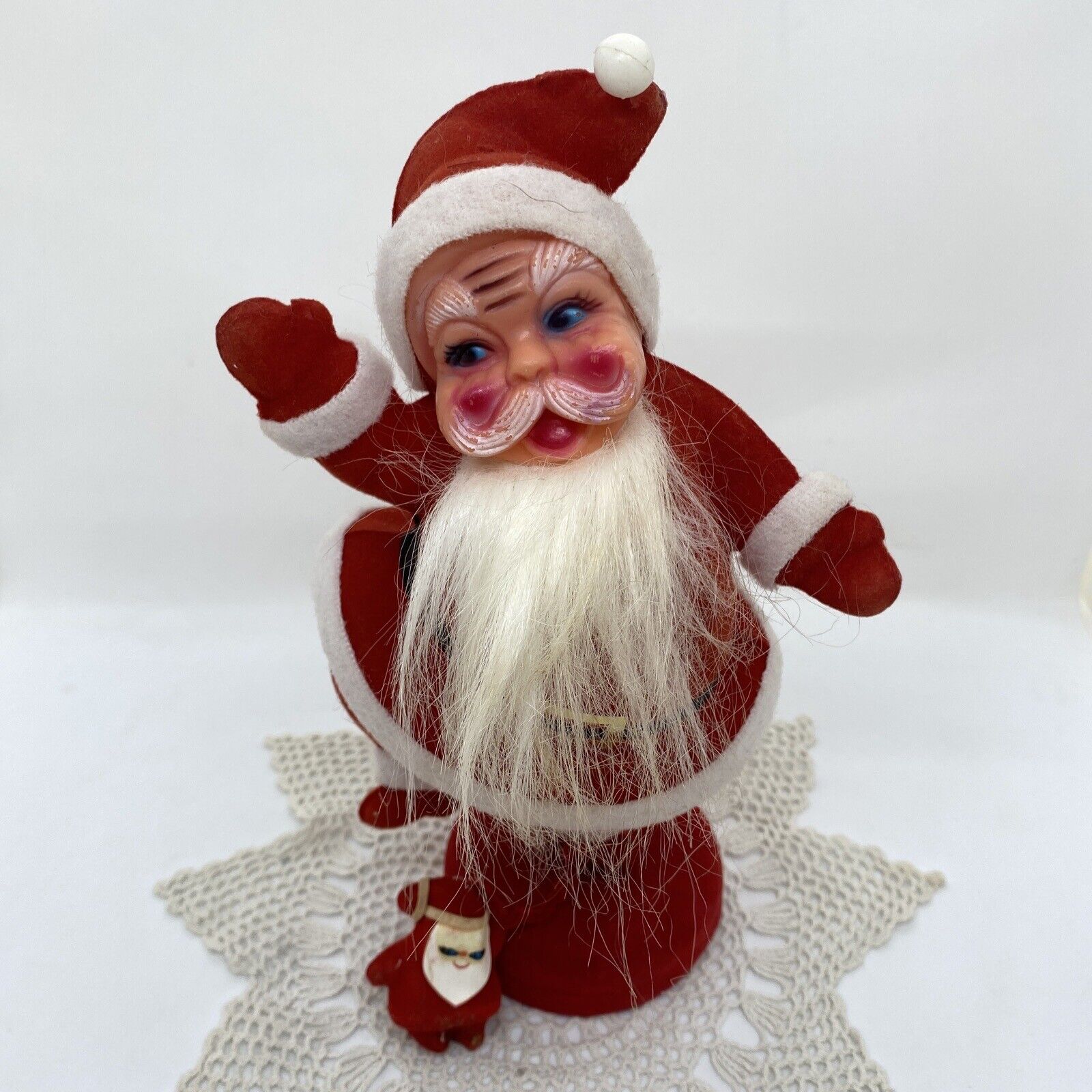Santa Claus Flocked Felt Vintage Christmas Dancing & Waving Figure 9” Tall