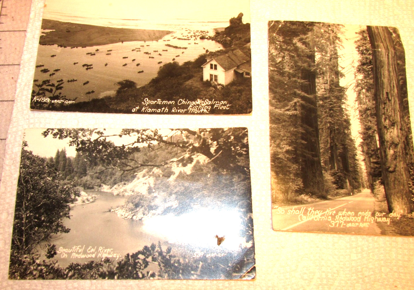 (3) RPPC Photo Postcard Salmon Fishing Klamath River & Redwood Hwy Ca California