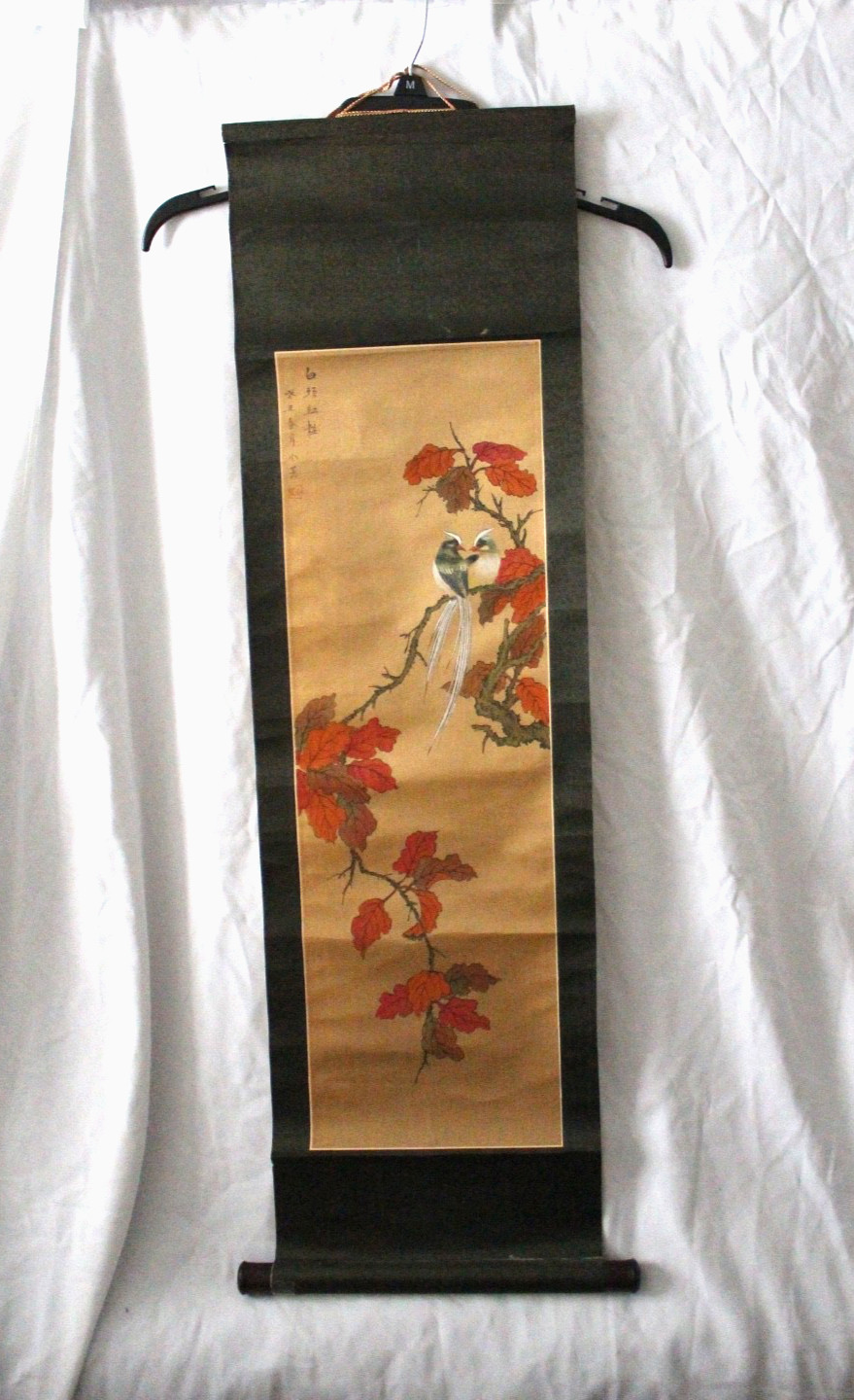 Vintage Traditional Chinese Hanging Wall Scroll(White-Headed Bird on Red Autumn)