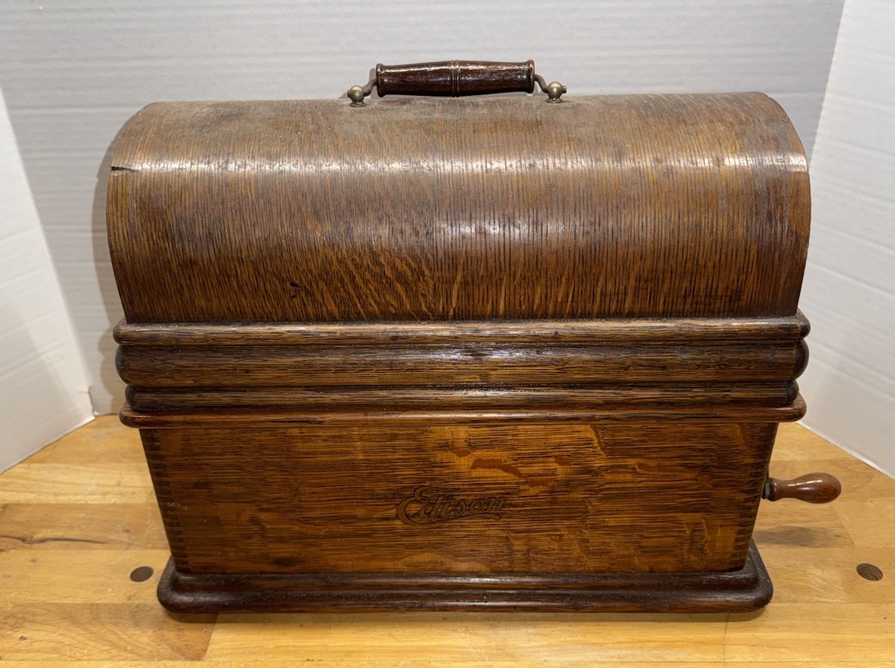 Antique Edison Home Cylinder Phonograph Oak Case Blue Horn & Crane For Repair