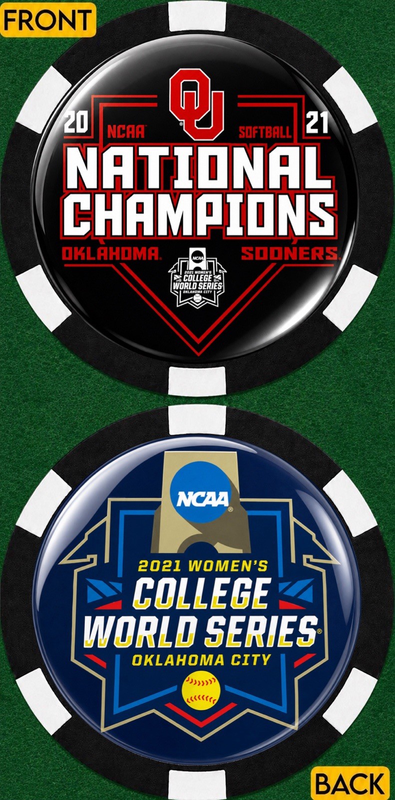 2021,22,23,24 WCWS CHAMPIONS - OKLAHOMA SOONERS SOFTBALL - SET OF FOUR CHIPS 2021,22,23,24 WCWS CHAMPIONS - OKLAHOMA SOONERS SOFTBALL - SET OF FOUR CHIPS