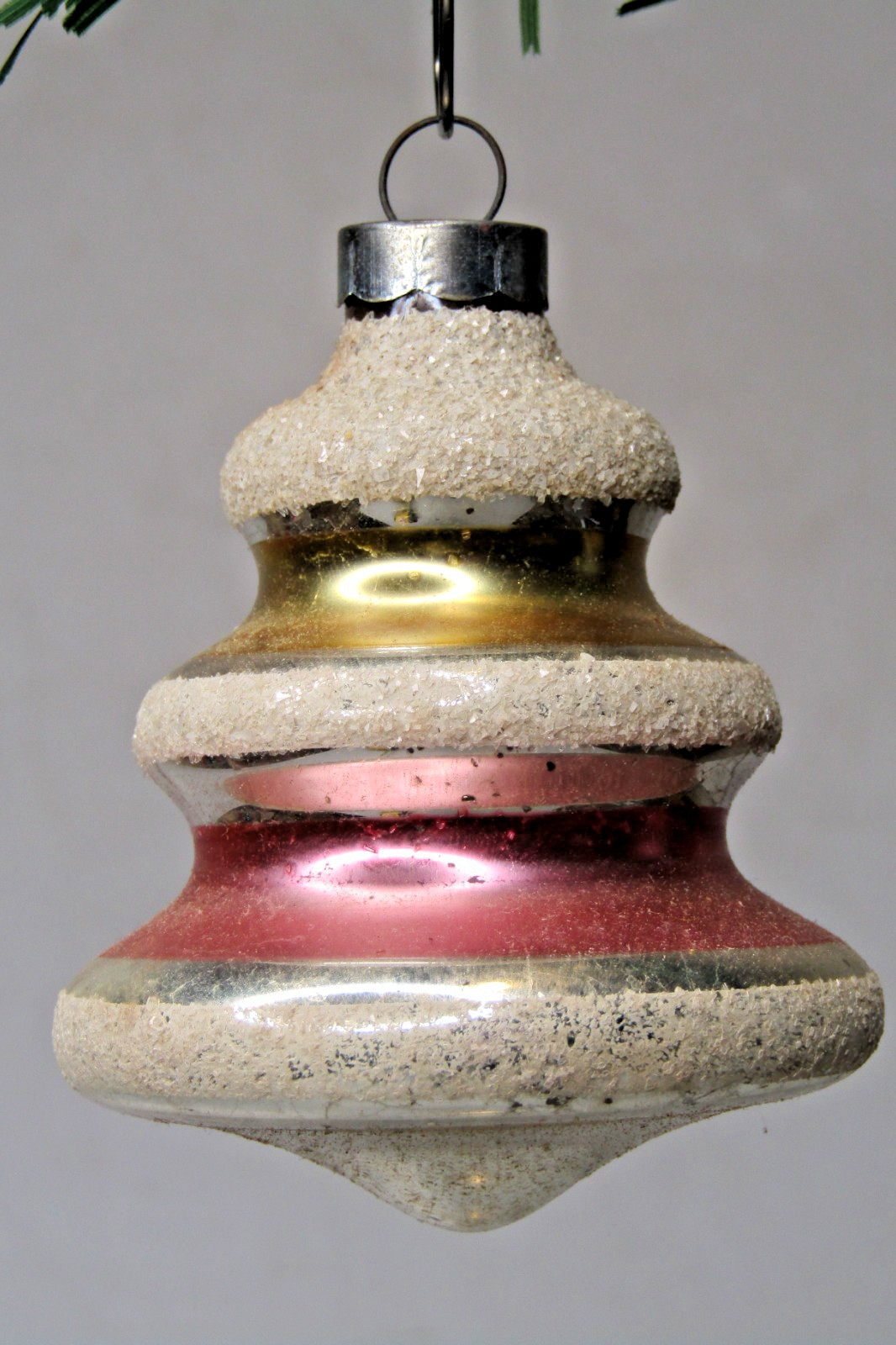 VTG pre WWII Glass Mica Striped TREE DROP Christmas Ornament Shiny Brite PINK GL