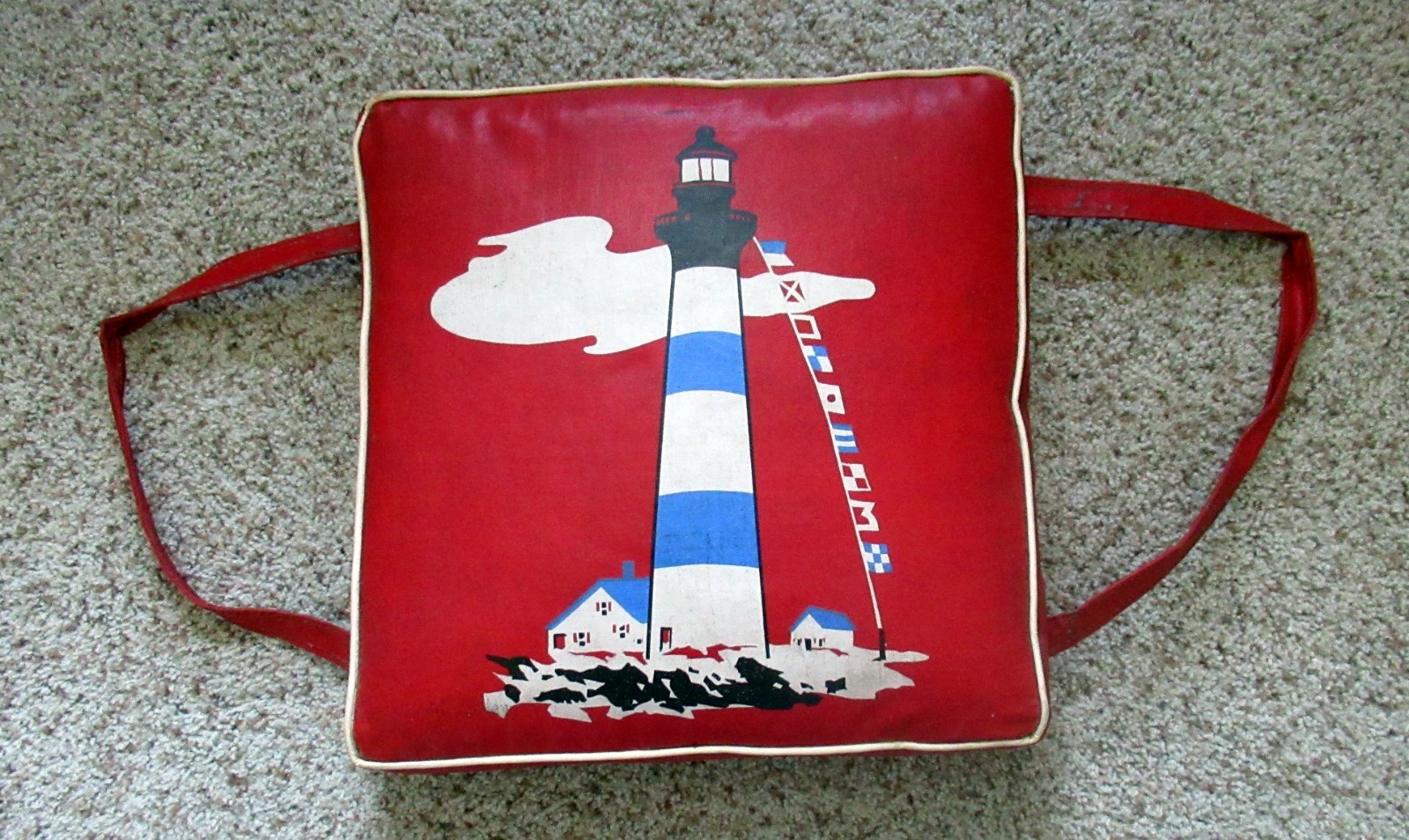 Vintage 1960s Elgin Red Vinyl Boat Seat Cushion Lighthouse Nautical Flags Vintage 1960s Elgin Red Vinyl Boat Seat Cushion Lighthouse Nautical Flags