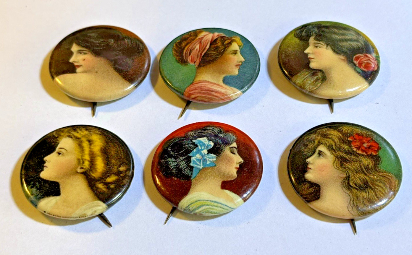 Antique 1900s Whitehead & Hoag Celluloid Lady Portrait Pinback Buttons Lot of 6 Antique 1900s Whitehead & Hoag Celluloid Lady Portrait Pinback Buttons Lot of 6