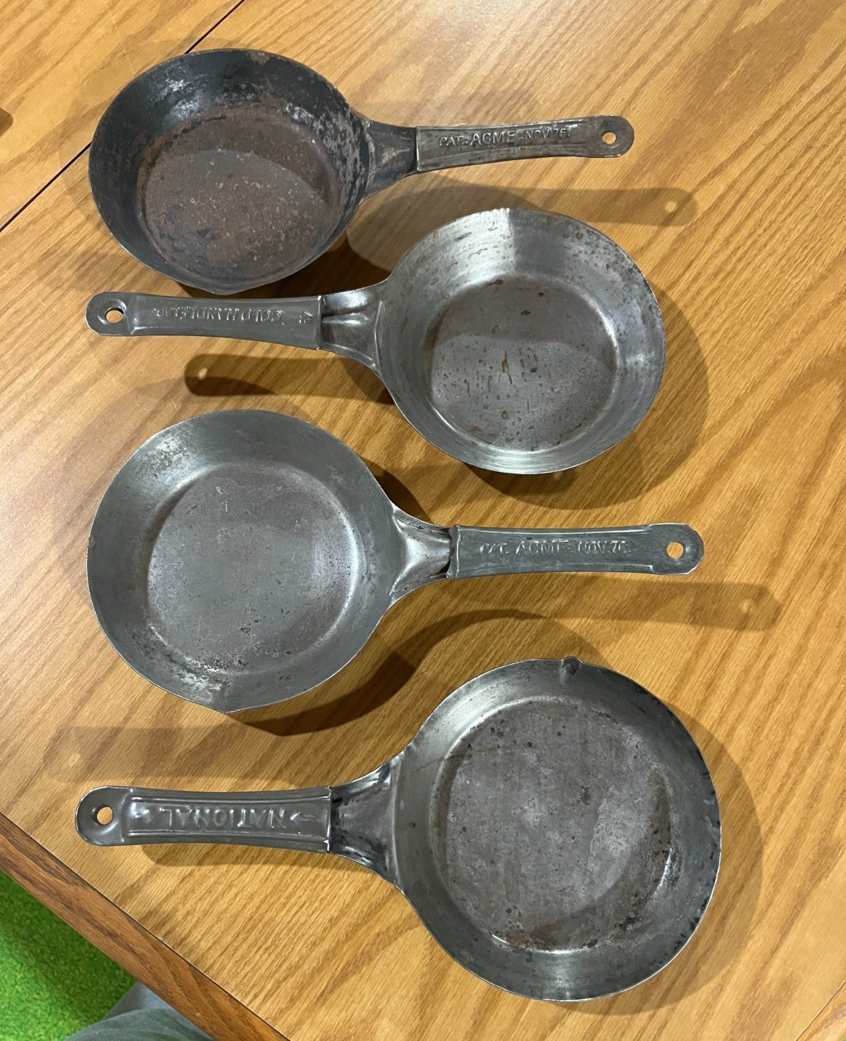 4 Tin Steel Cowboy Camping Fry Pan Vintage 6” Cold Handle #49, National, 2 Acme
