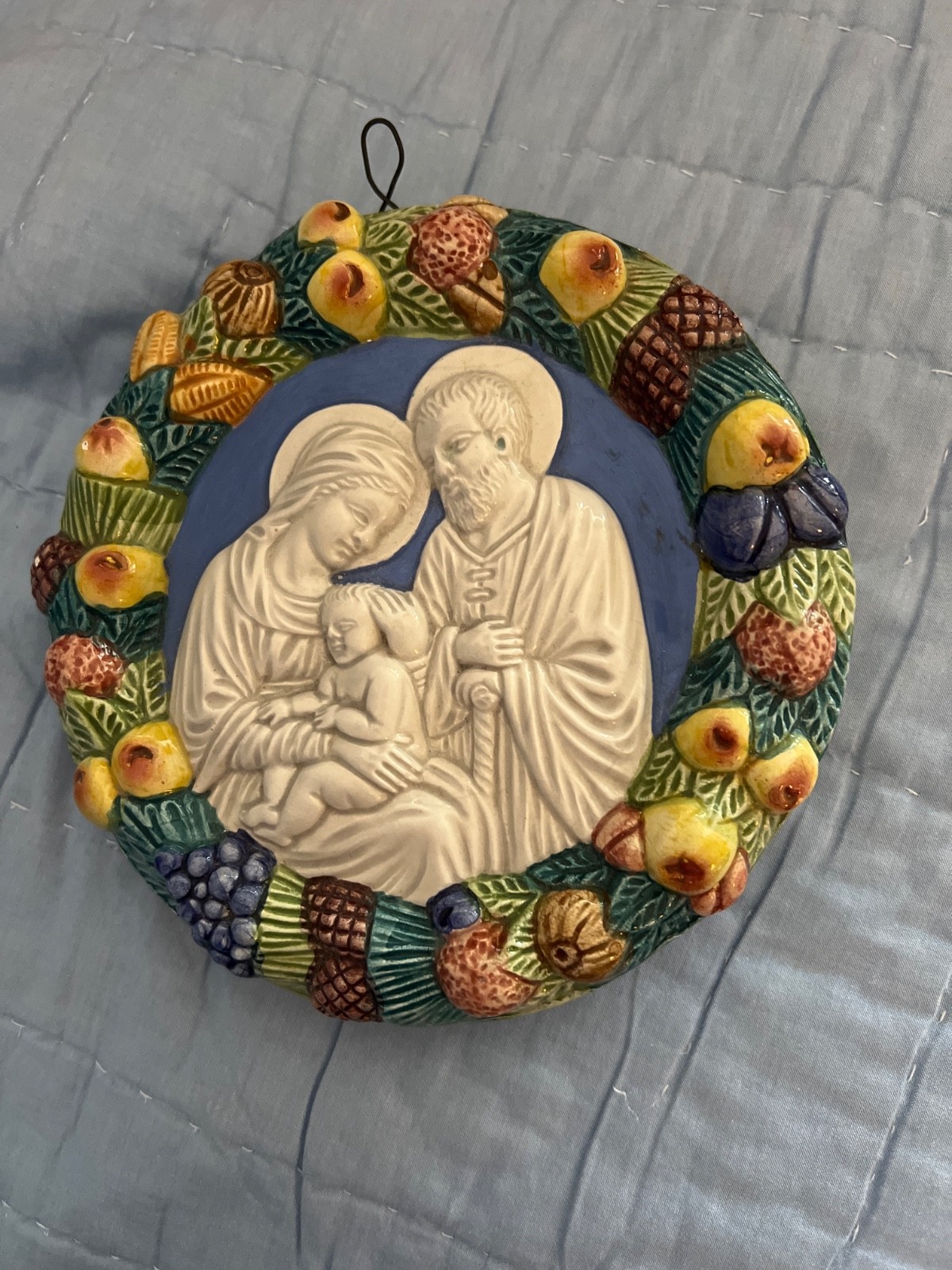 Vintage Italian Style Holy Family Ceramic Wall Plaque Fruit Border Religious Vintage Italian Style Holy Family Ceramic Wall Plaque Fruit Border Religious