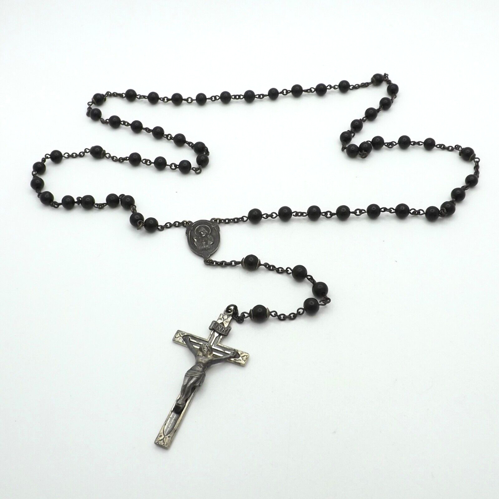 Antique Swift Fisher Sterling Silver Black Coco Bead Rosary Crucifix Necklace