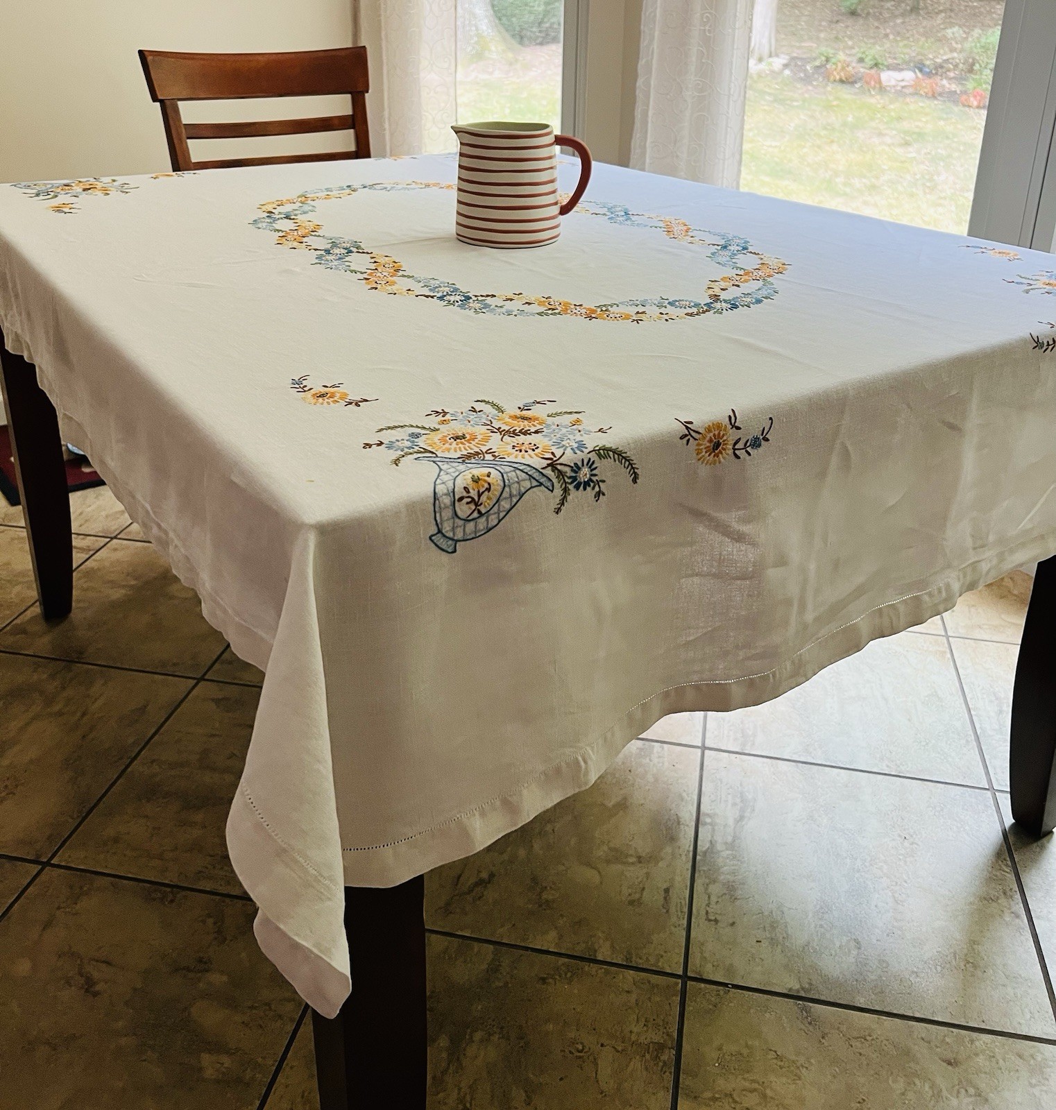 Vintage Linen Hand Embroidered Tablecloth  Vivid Flowers, Flower Basket Corners