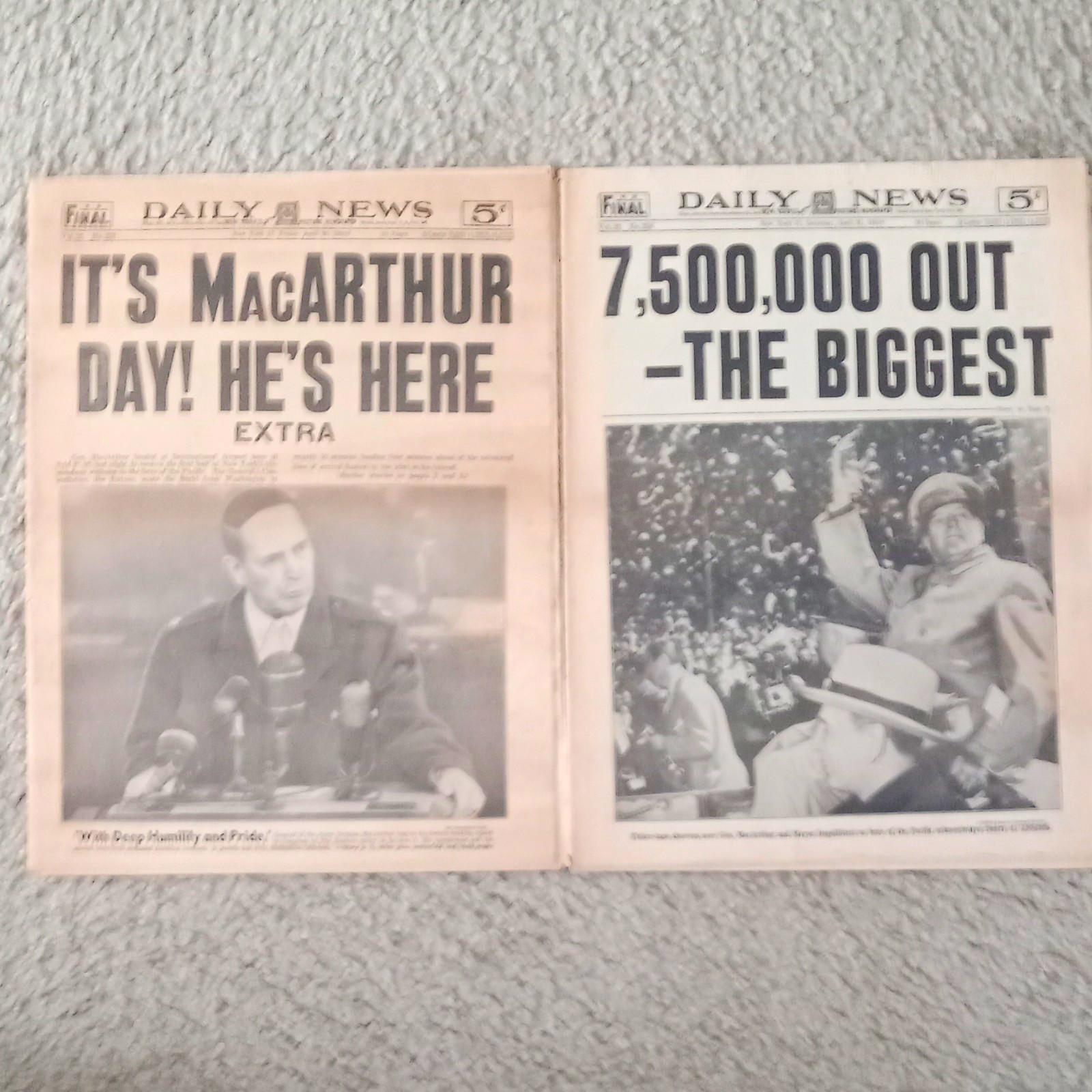 Lot of 2 - General MacArthur Parade - 1951 New York Daily News Newspapers Lot of 2 - General MacArthur Parade - 1951 New York Daily News Newspapers