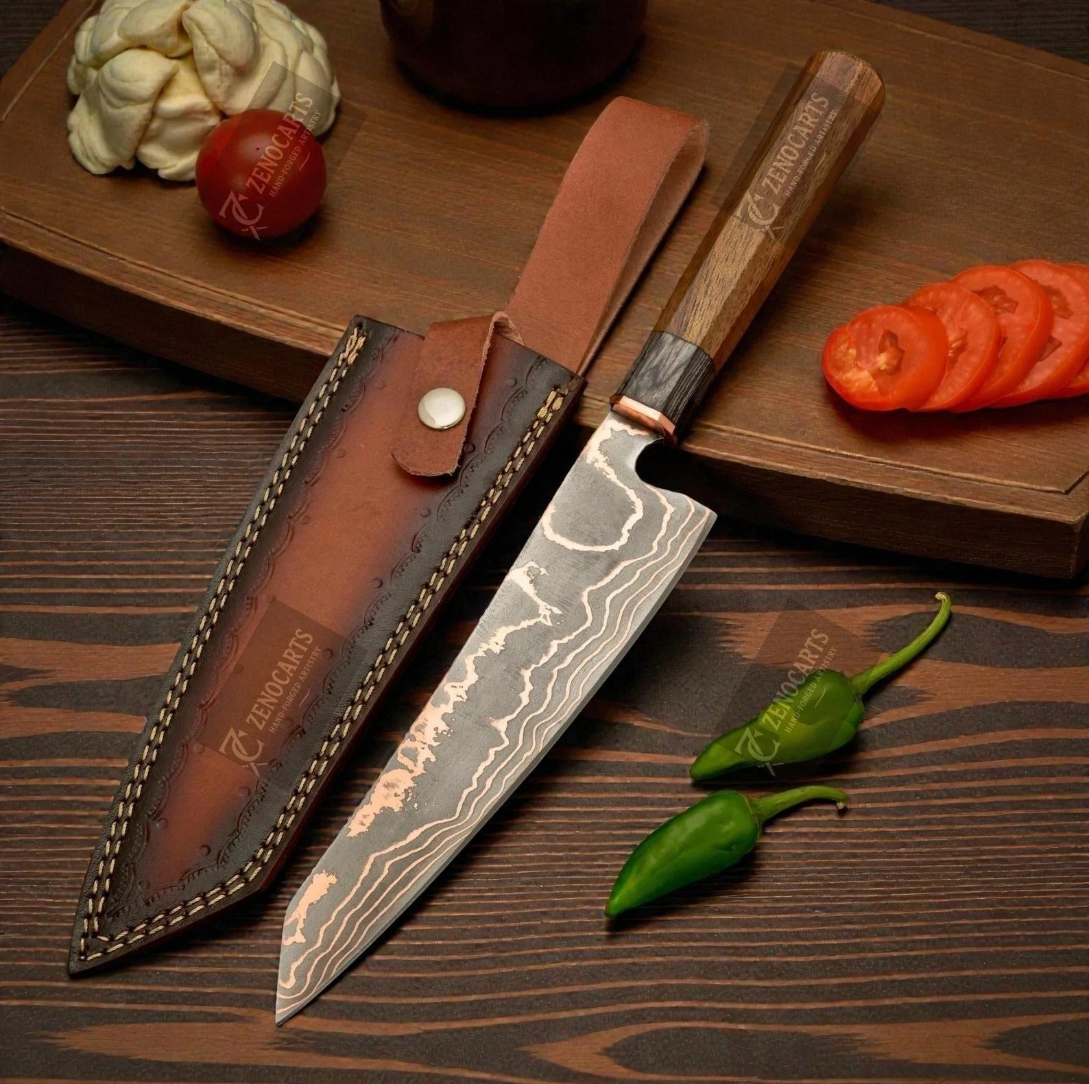 Hand Forged Copper Damascus Chef Knife, Cu Mai Full Tang Kitchen Knife
