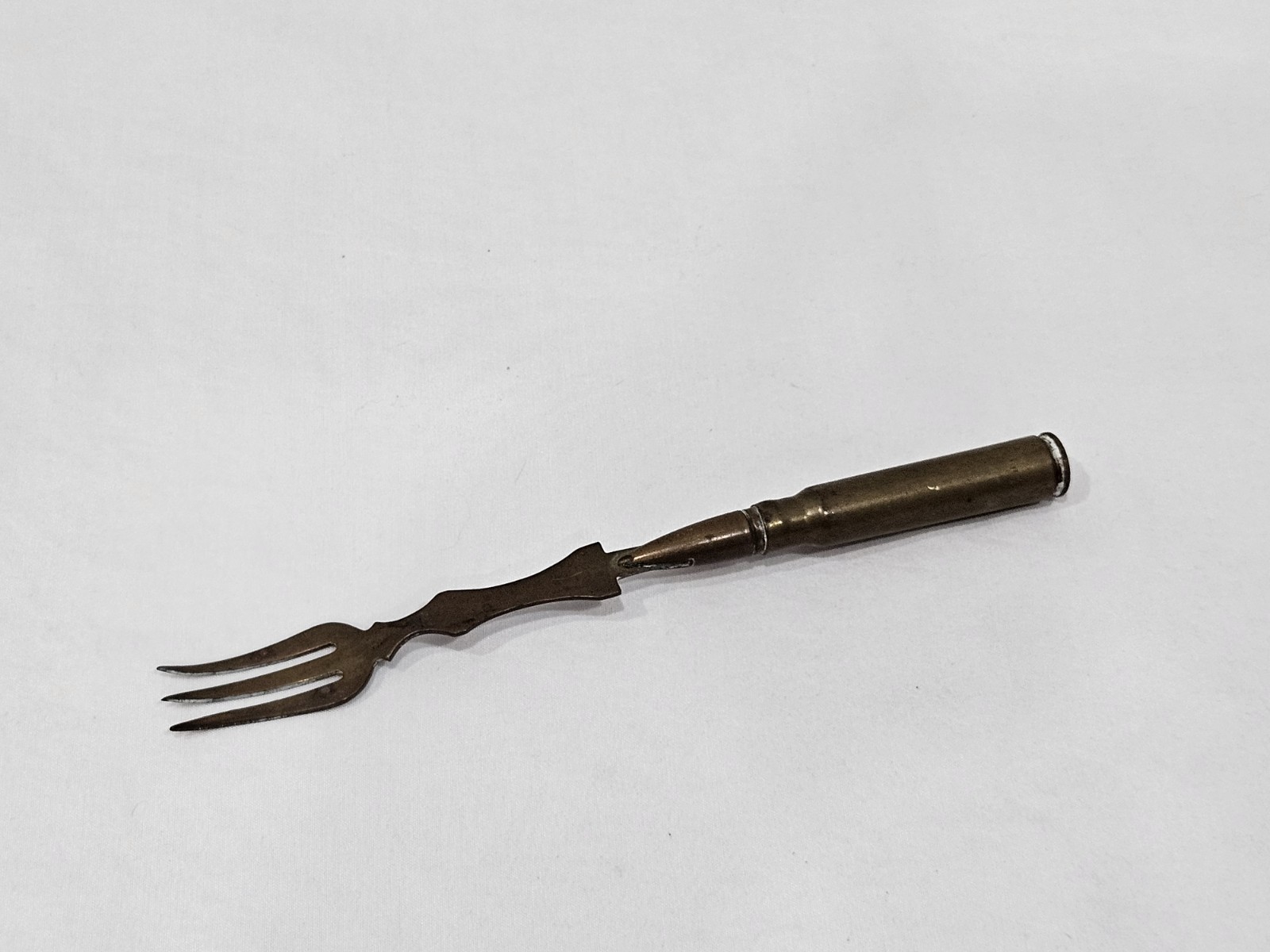Antique WWI Era Trench Art Fork Reims France Cartridge Casing Handle Souvenir
