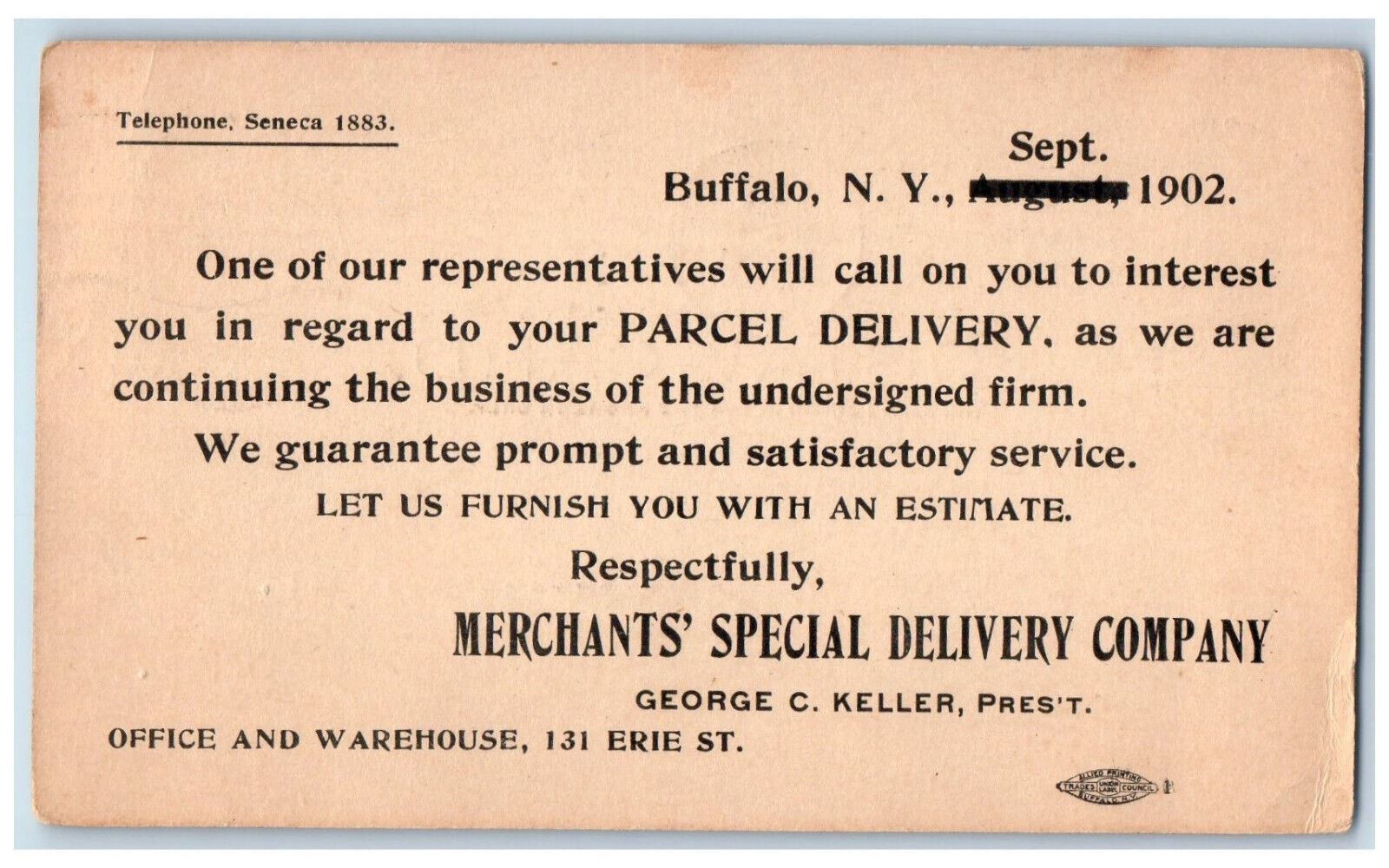 1902 Merchant\'s Special Delivery Company Letter Buffalo New York NY Postcard
