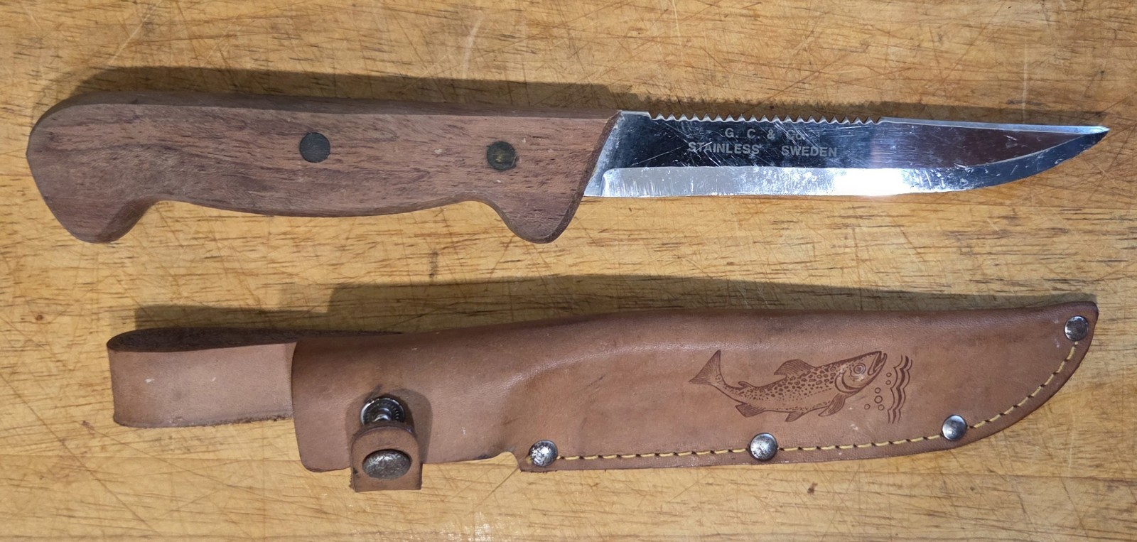 Vintage GC & Co Stainless Sweden Fisherman Knife w/ Leather Sheath, fish fishing Vintage GC & Co Stainless Sweden Fisherman Knife w/ Leather Sheath, fish fishing
